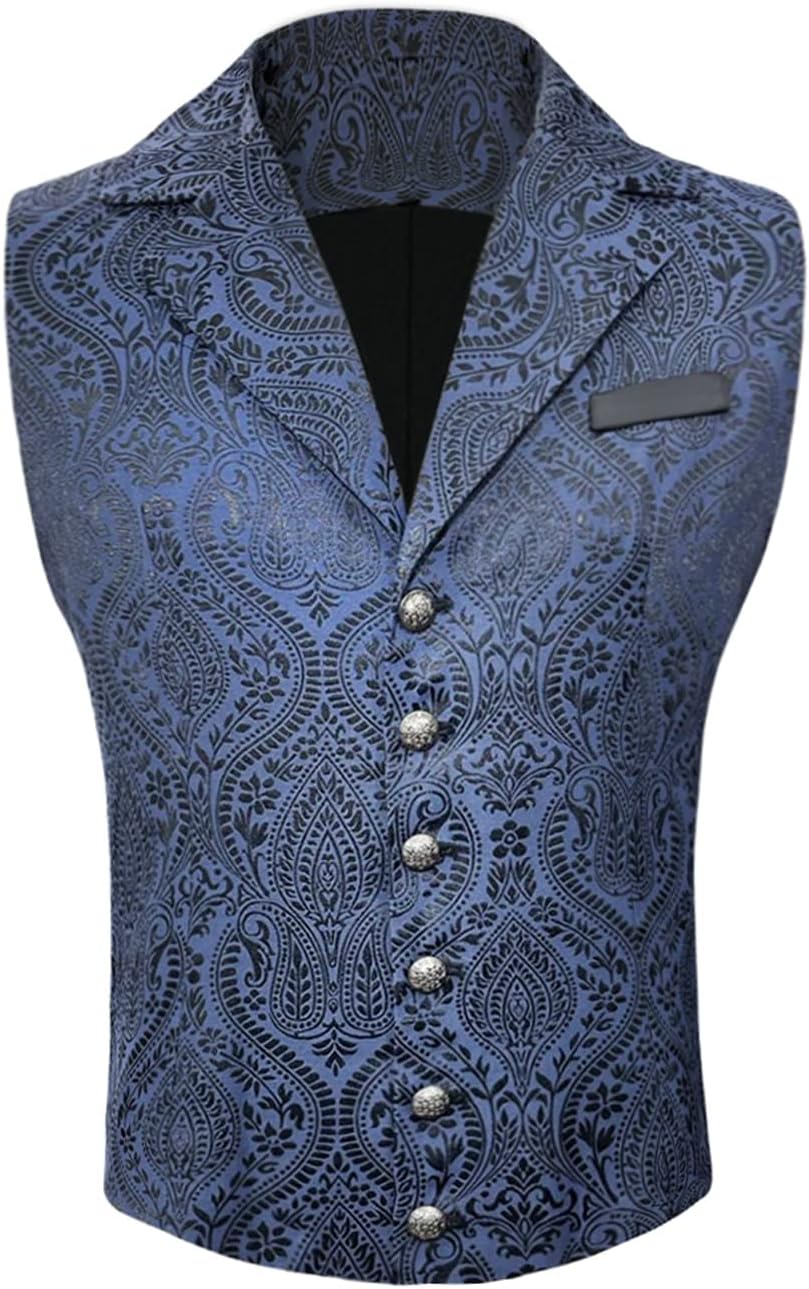 Mens Victorian Steampunk Gothic Paisley Printed Single Breasted V-Neck Suit Vest/Tuxedo Waistcoat