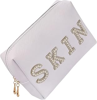 Bride Patch MRS Cosmetic Bag,Pearl Rhinestone Letter makeup Toiletry Bag for Women, Portable Small PU Leather Waterproof bling Travel Purse Zipper Pouch Storage Organizer WH (SKIN)
