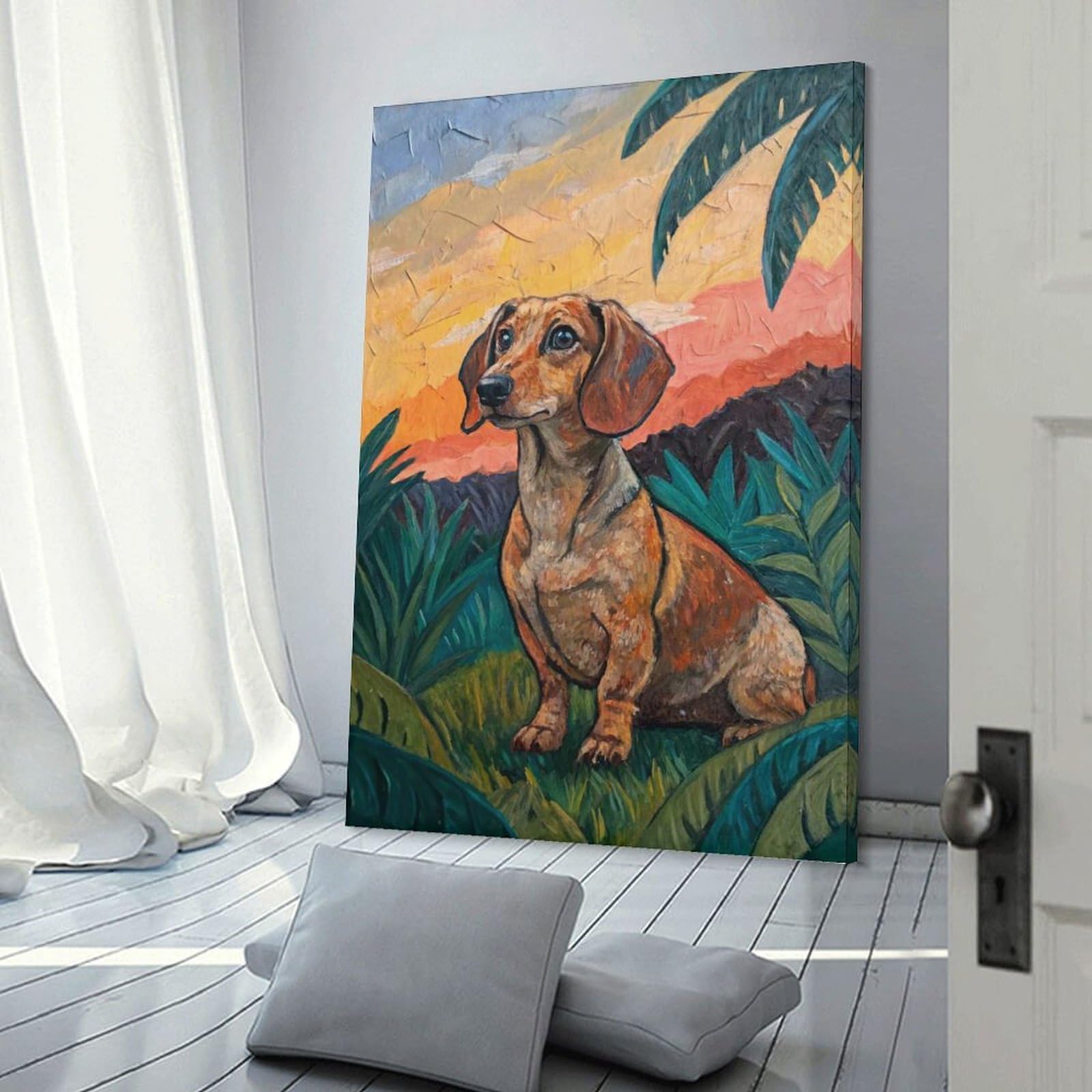 Junmoney Frame-Style Dachshund In A Tropical Sunset Canvas Wall Picture, 24X36inch(60X90cm), For Wall Displays, Bedrooms Or Room Updates, Wall Decor Suited To Curated Displays