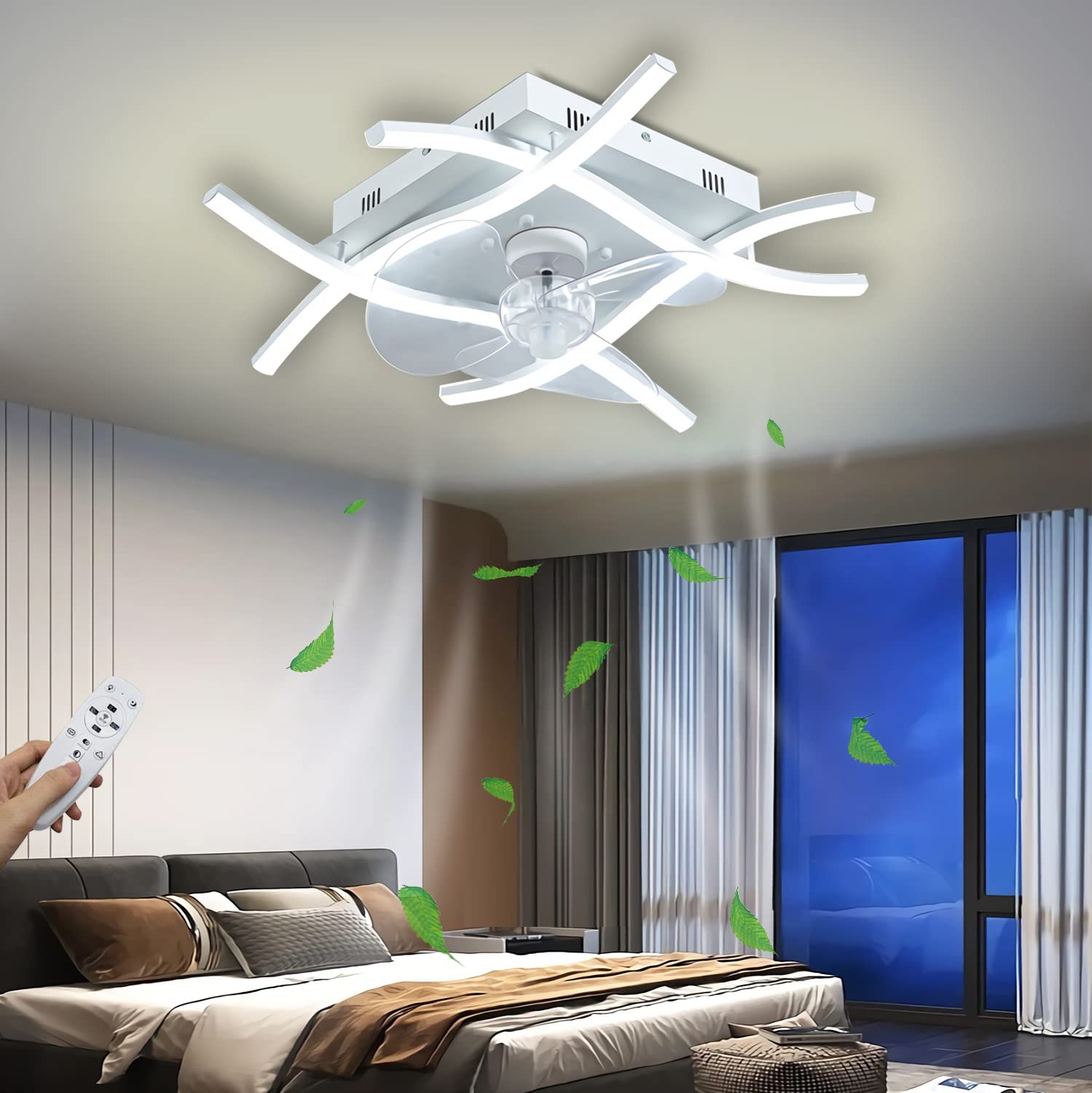 SXDMOUBK Modern Ceiling Fan with LED Light Remote Control & APP Timer Dimmable 4 Flame Blades Quiet Operation for Living Room Bedroom Dining Room Kitchen (White)