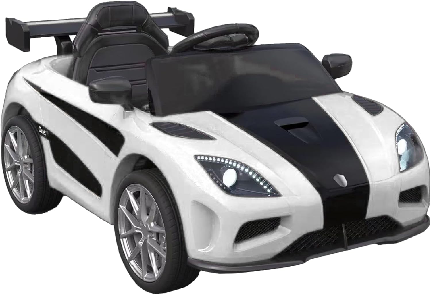 Baroni Toys Coche eléctrico para niños de 6 V con mando a distancia, música, luces LED y asiento de piel sintética, coche eléctrico de 3 a 5 km/h para 1 a 4 años, estilo deportivo blanco
