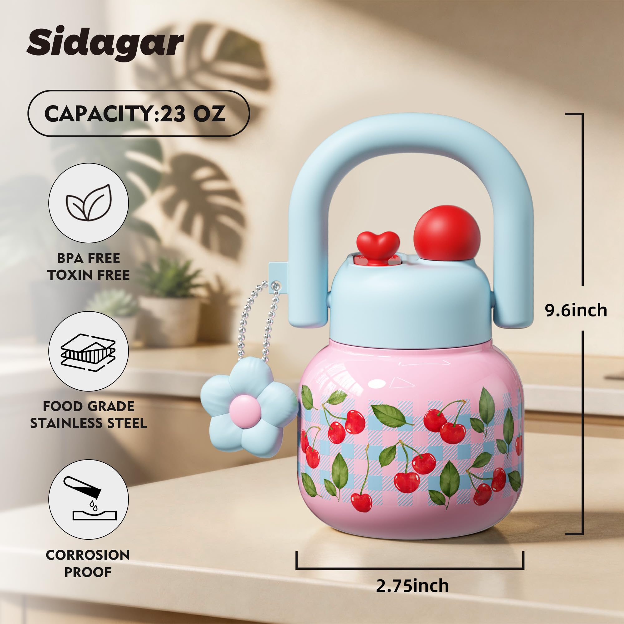 Sidagar Vaso de 22 onzas con popote y asa de transporte, botella de agua de viaje de acero inoxidable con aislamiento de boca ancha para mujer, fácil de llevar, cereza rosa