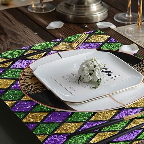 Miniatura 6 de Happy Gardi Gras - Juego de 4 manteles individuales dorados, morados, verdes, máscara de flor de Lis con cuentas de confeti y plumas para fiesta de