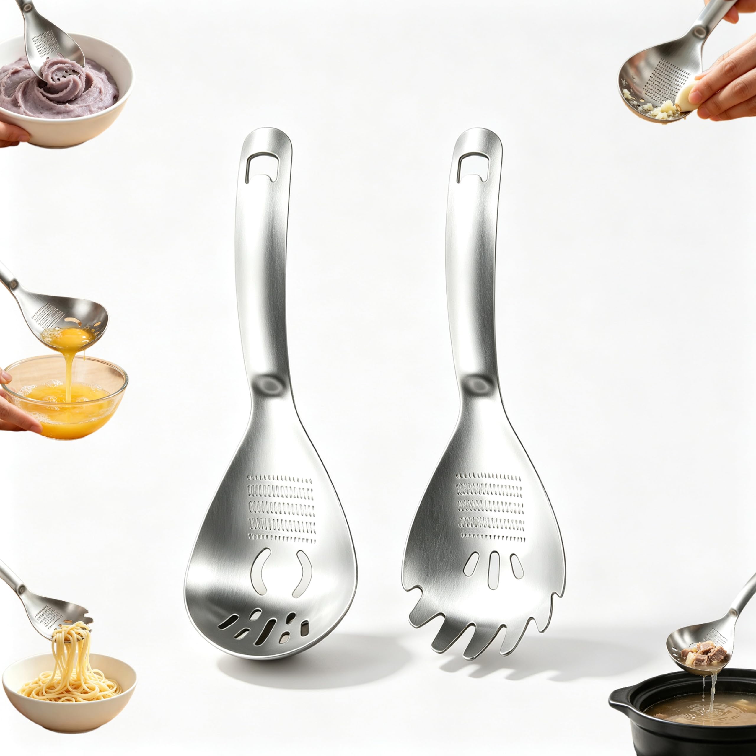 5-in-1 Stainless Steel Cooking Spoon, 304 Multifunction Kitchen Utensil with Grater, Slotted Design, Egg Separator & Bottle Opener (A+B)
