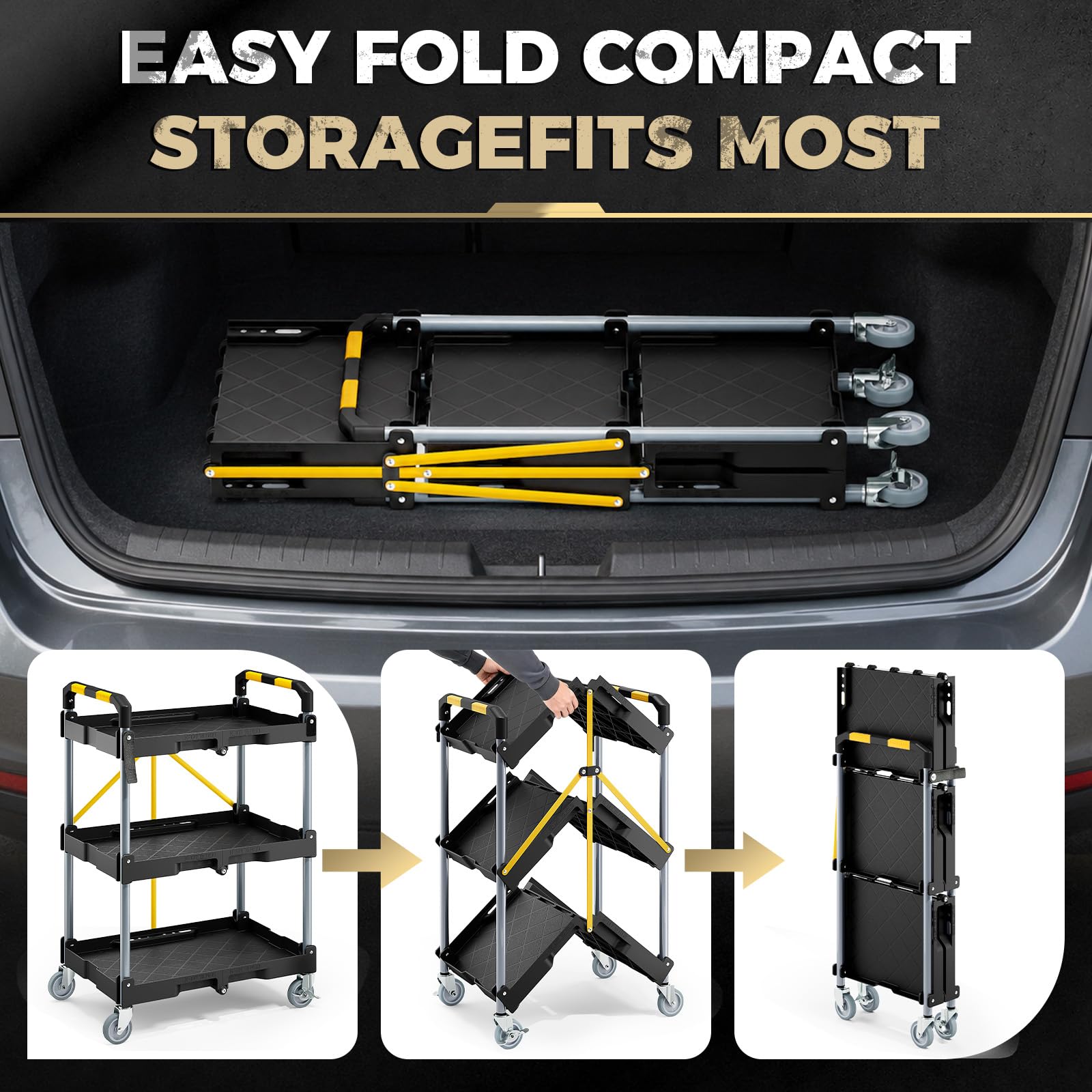 KINGRACK Carro Herramientas Resistente 3 Niveles Plegable con Ruedas | Carro multiusos ahorra espacio con ruedas silenciosas bloqueables para garaje, bricolaje, lavado coches, hogar y camping