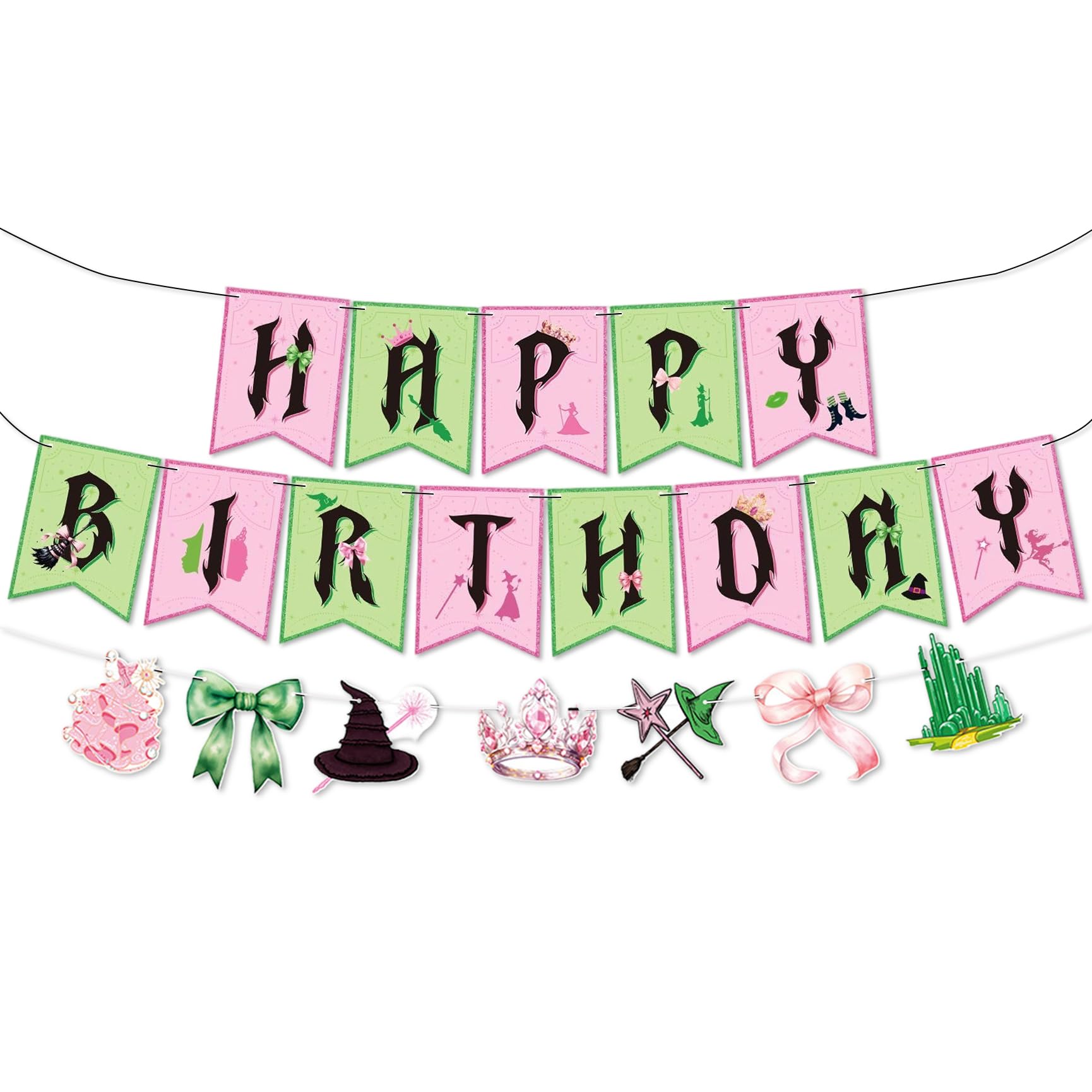 Green and Pink Happy Birthday Banner Wicked Party Decorations Witch Theme Crown Bows Witch Hat Garland for Wicked Birthdays Halloween Party Supplies