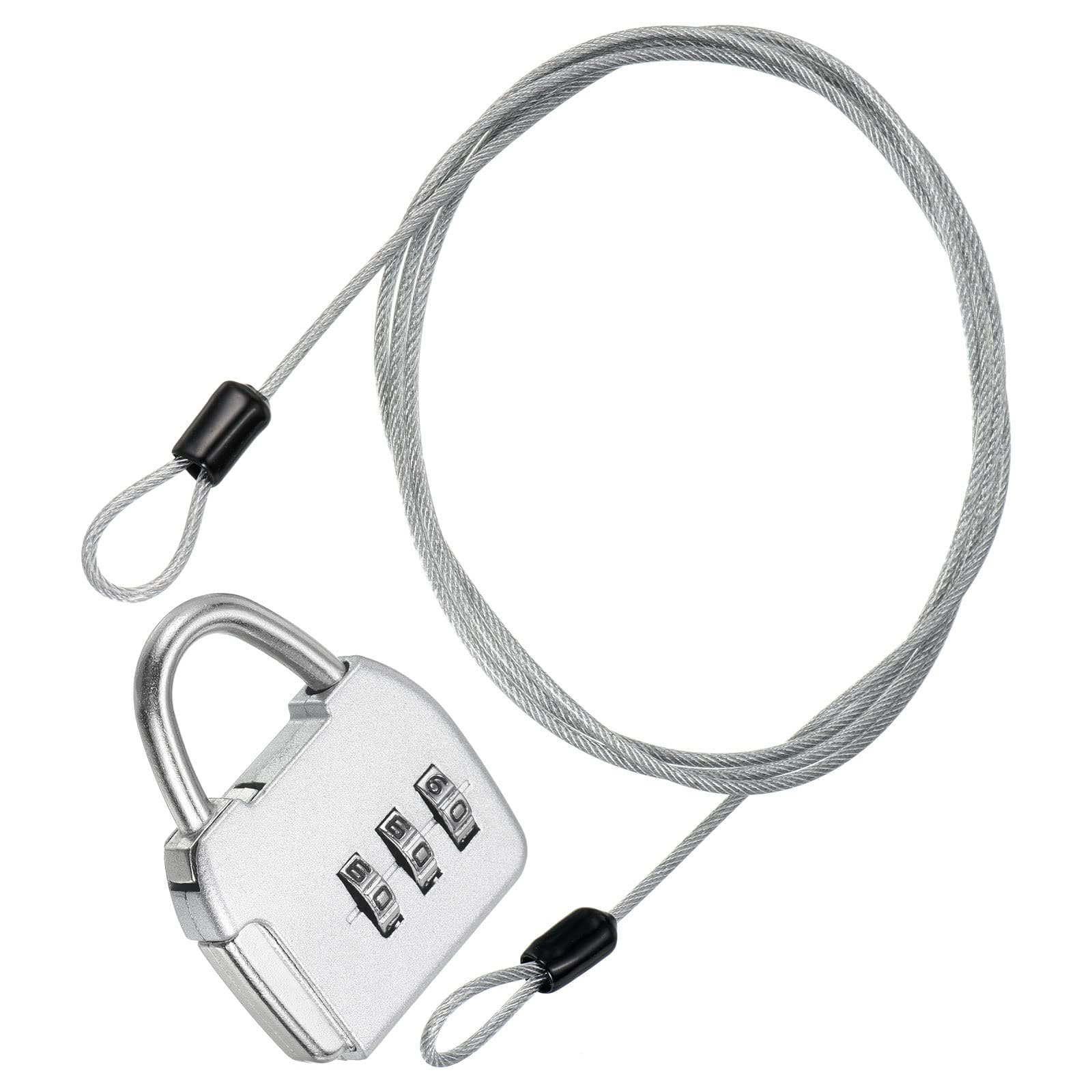 TA-VIGOR Security Steel Cable with 3 Digit Combination Lock, 5Ft Coated Safety Wire Rope Padlock with Double Loop, Flexible Luggage Lock for Outdoor Travel, Suitcase and Baggage, Silver
