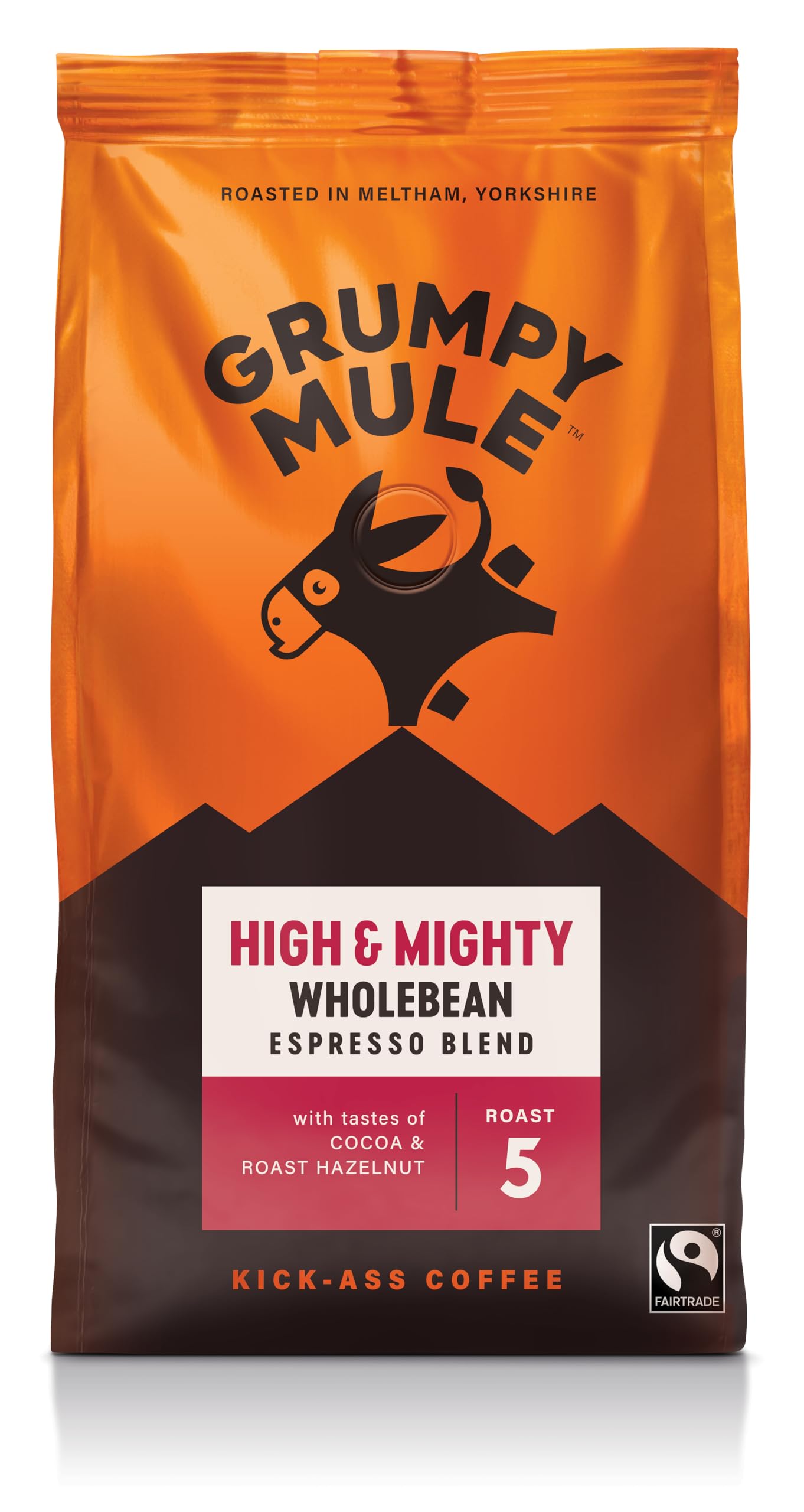 Grumpy Mule High and Mighty Espresso Blend Whole Coffee Beans with notes of Cocoa and Roast Hazelnut 200g