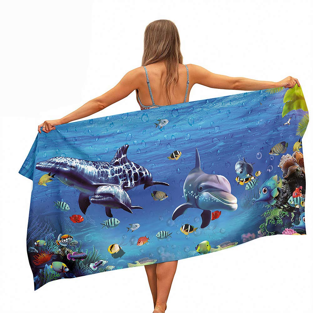 Surwin Beach Bath Towel, Microfibre Quick Dry Extra Large Lightweight Super Soft Summer Towels perfect for Travel, Swim, Camping, Fitness, Sports, Ocean World Printing (Blue dolphin,70x150cm)