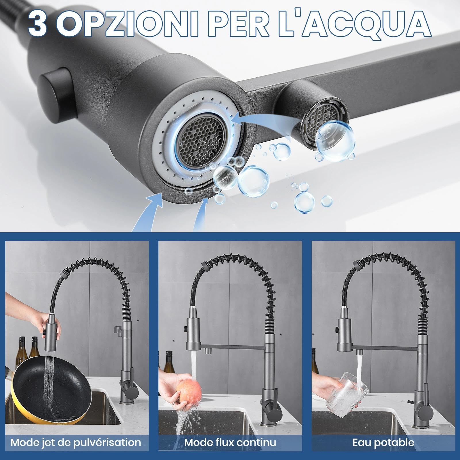 Grifo de cocina de 3 vías, grifo de agua potable con resorte en espiral, giratorio en 360°, grifo de cocina con ducha extensible, mezclador 3 en 1 para filtro de agua (3 vías（01）, gris)