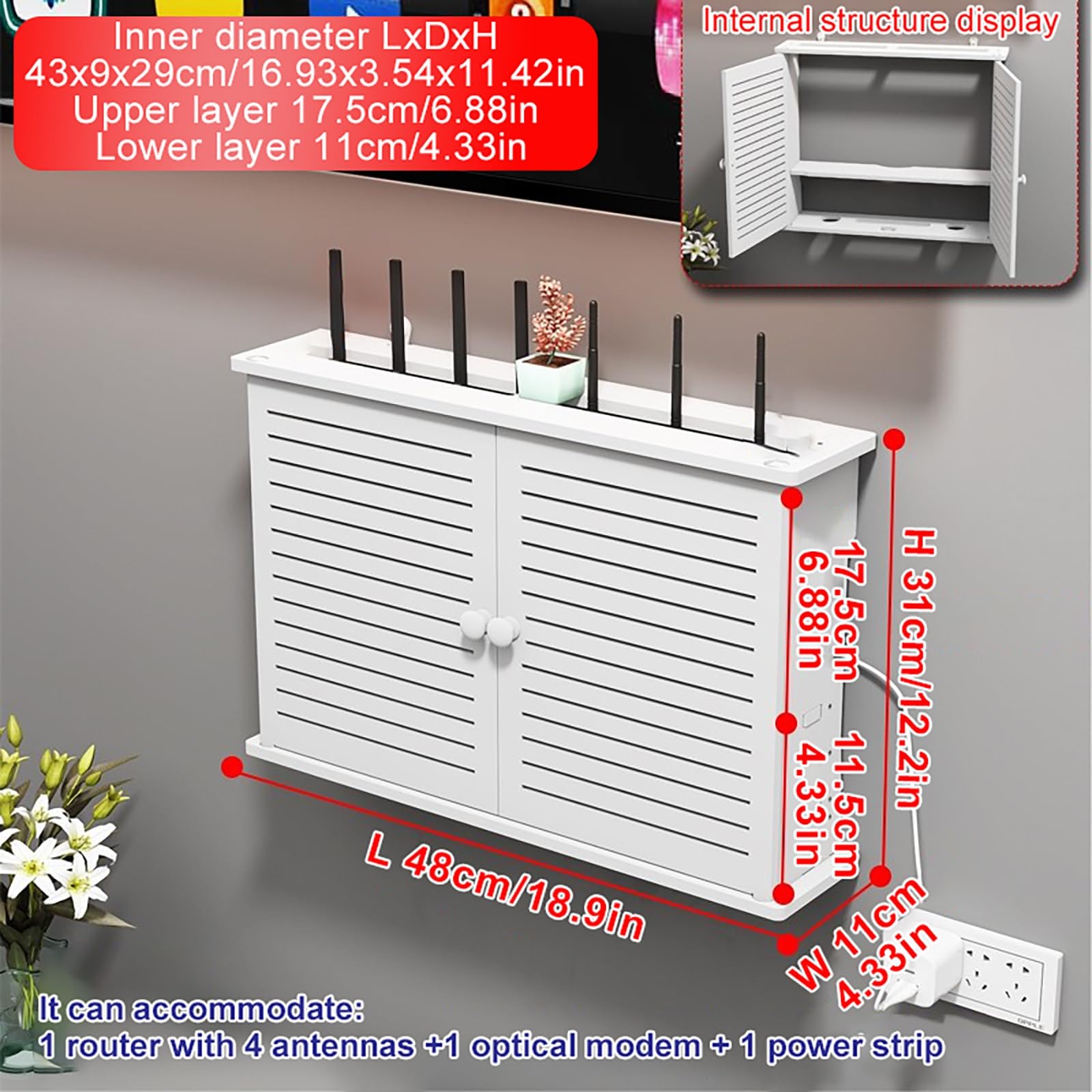 Caja de Enrutador WiFi Montaje en Pared Estantes Flotantes Caja de Almacenamiento WiFi con Puerta y Estante para Sala de Estar.(48x11x31cm)