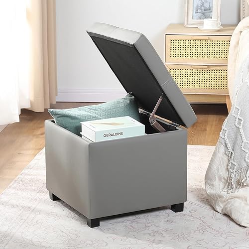 Vista 12 de Asense Otomana cuadrada de almacenamiento, reposapiés tapizado de piel sintética con patas de madera negra, marrón