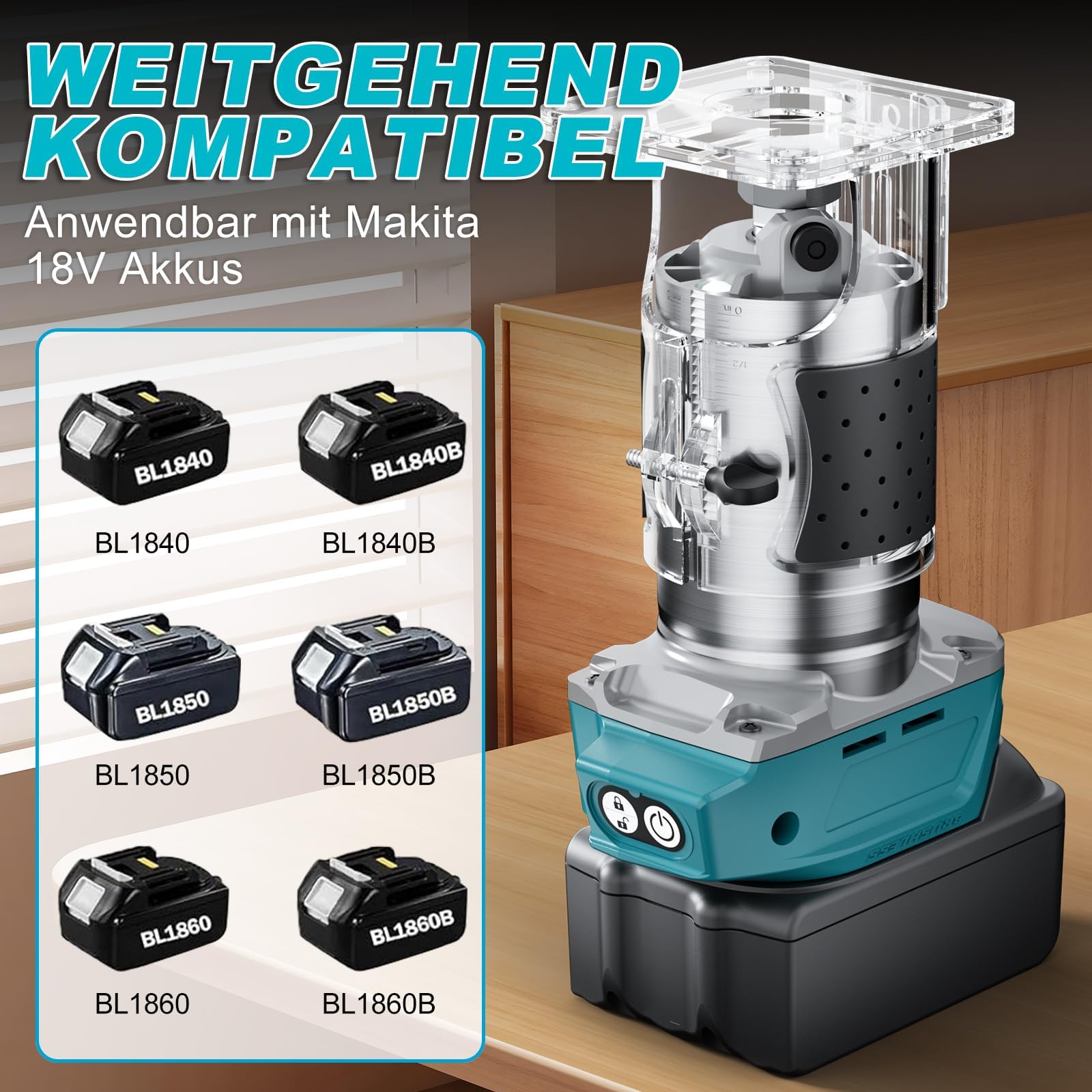 Akku Oberfräse kompatibel mit Makita 18V Akku, 5 Geschwindigkeiten,800W 30000RPM, Oberfräse Trimmer Einhandfräse,Holzbearbeitung (no Akku)