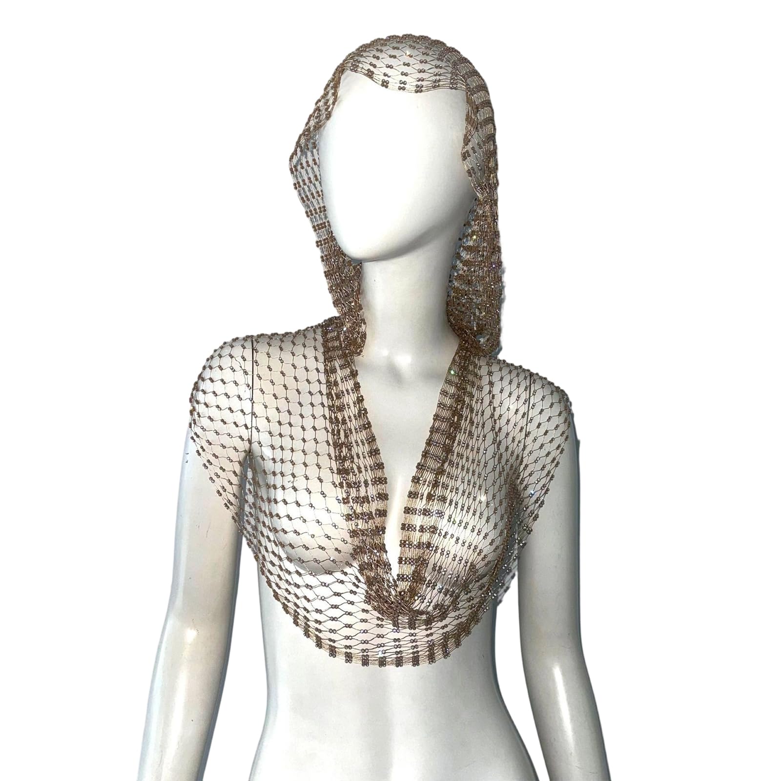 MICFENY Shimmering Hoodie with Rhinestones Decors Fishnets Hooded Cap Hollowed Tanks For Concerts And Daily Night Club Wear
