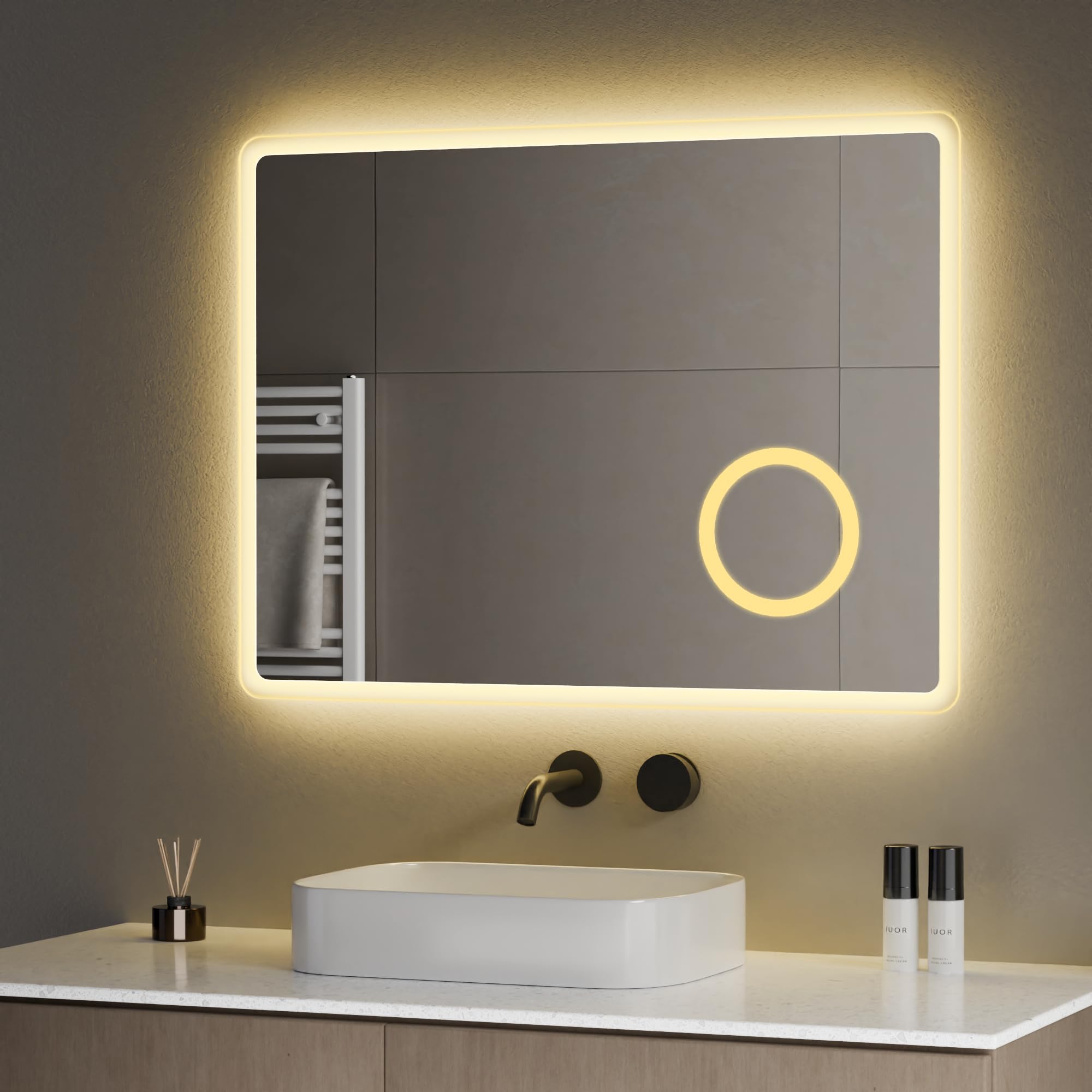 S'AFIELINA Espejo de baño 80×60 cm con iluminación LED, Espejo de baño con Interruptor a botón, 2 Colores de luz (Blanco frío y Blanco cálido), antiempañante, Aumento 3X, función de Memoria