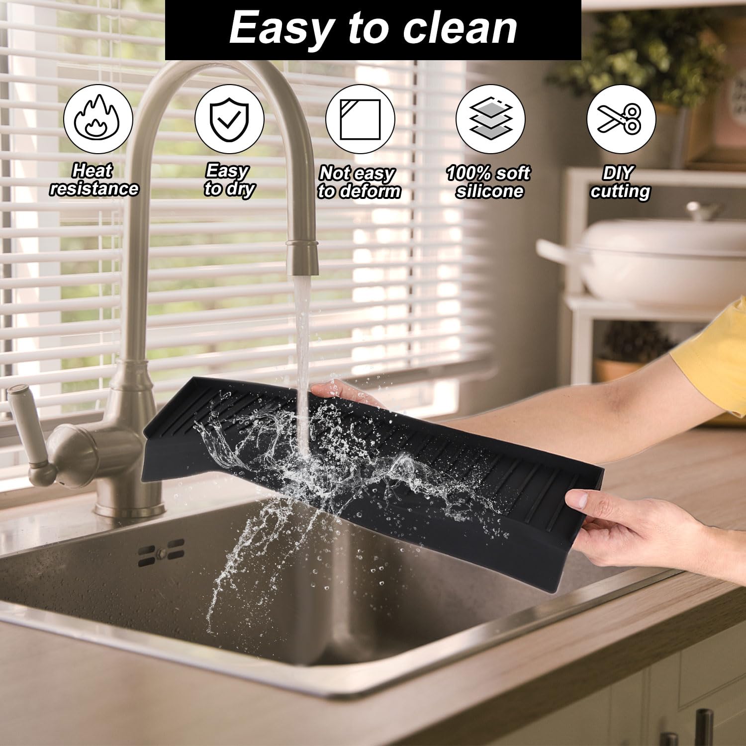 Lasuroa Protection De Bord D'Évier, Silicone Sink Edge Protector Pour Protection Anti-Éclaboussures D'Évier Cuisine Pour Baignoire Comptoir D'Évier Cuisine Granit Quartz Acier Inoxydable (Noir