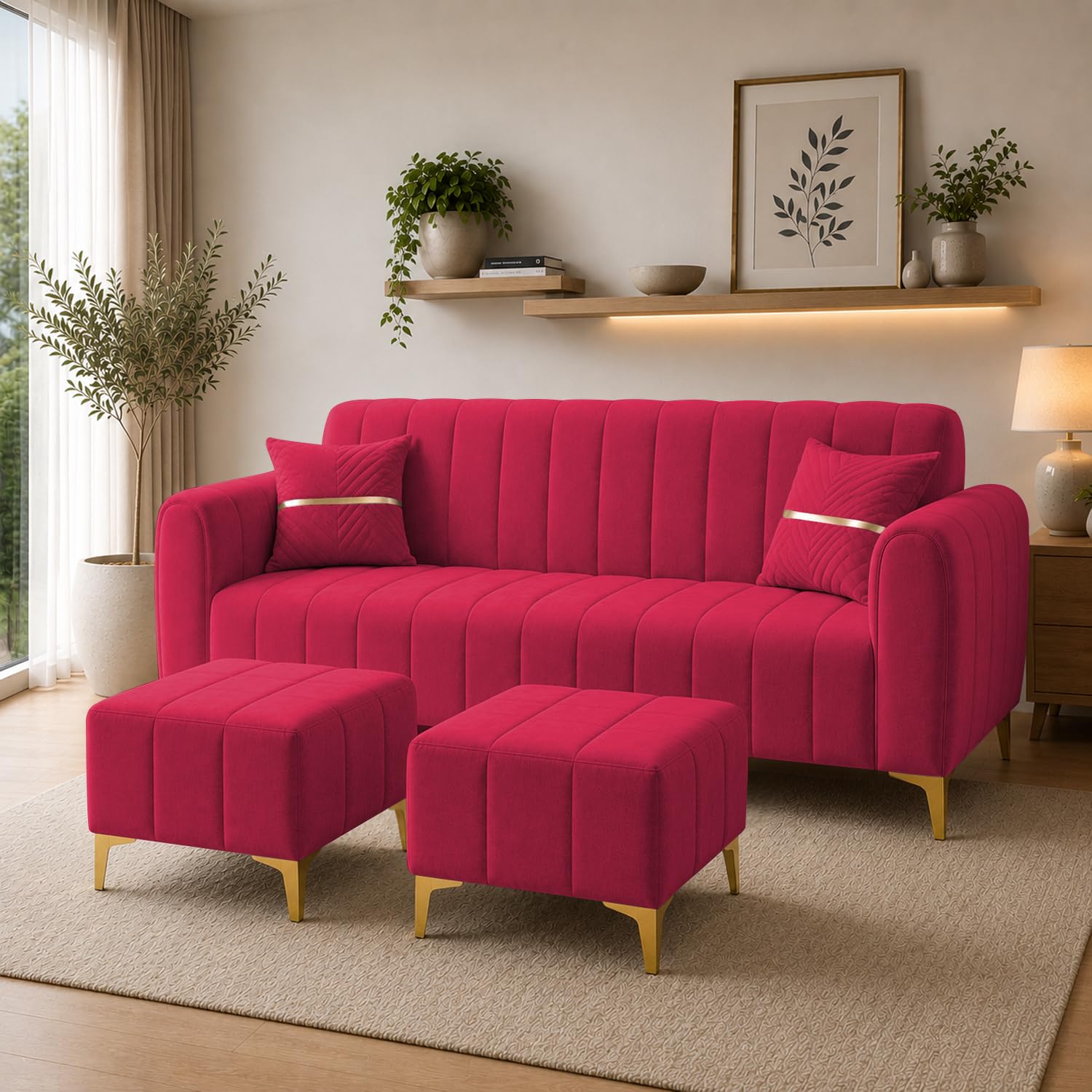 Casaliving Sandor 4 Seater L Shape Convertible Sofa Set for Living Room, 3 Seater & 2 Ottoman Modular Sectional Couch for Small Space (Red Colour) Fabric-picture-10