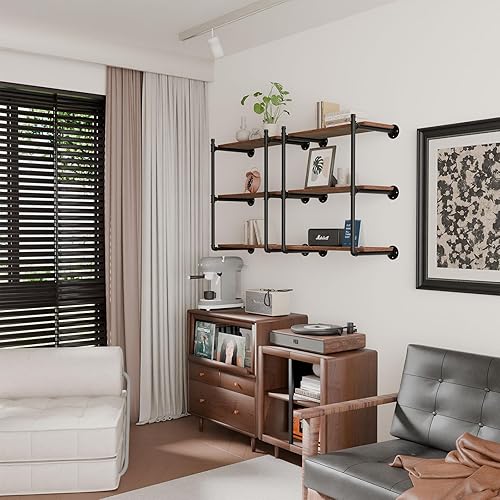 Miniatura 5 de Soportes industriales para estantes de tubería de montaje en pared, estantería negra abierta para cocina, soportes de estante flotante, soportes