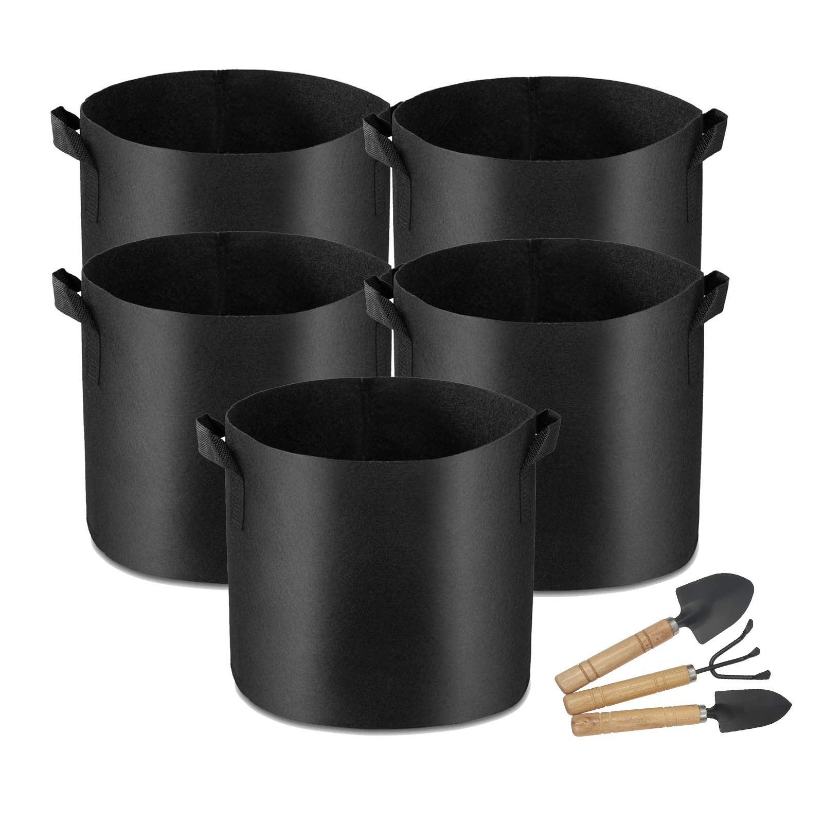 SURPRIZON 5-Pack Plant Grow Bags, Heavy Duty Thickened Nonwoven Fabric Pots Grow Bags with Handles, Garden Tools Set - Wood Handle Metal Gardening Trowel, Tine Cultivator, Transplanted (20 Gallon)