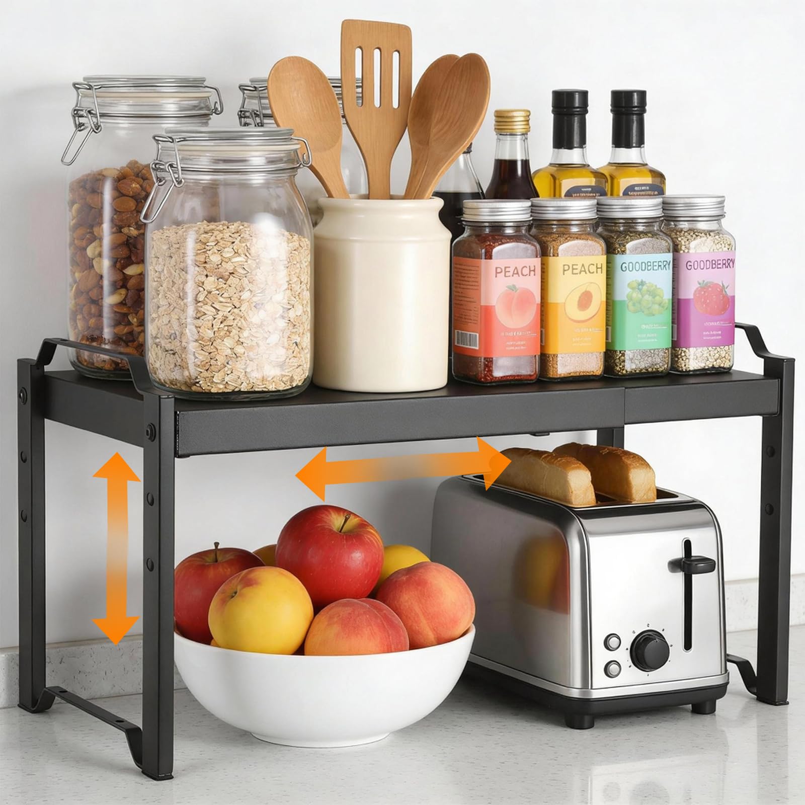 Kitchen Counter Shelf Organiser, Expandable Cupboard Shelf 32-53cm, Heavy Duty Kitchen Shelves Counter Top Storage, Black Adjustable Shelving with 3 Height Settings for Desktop Cupboard Organiser