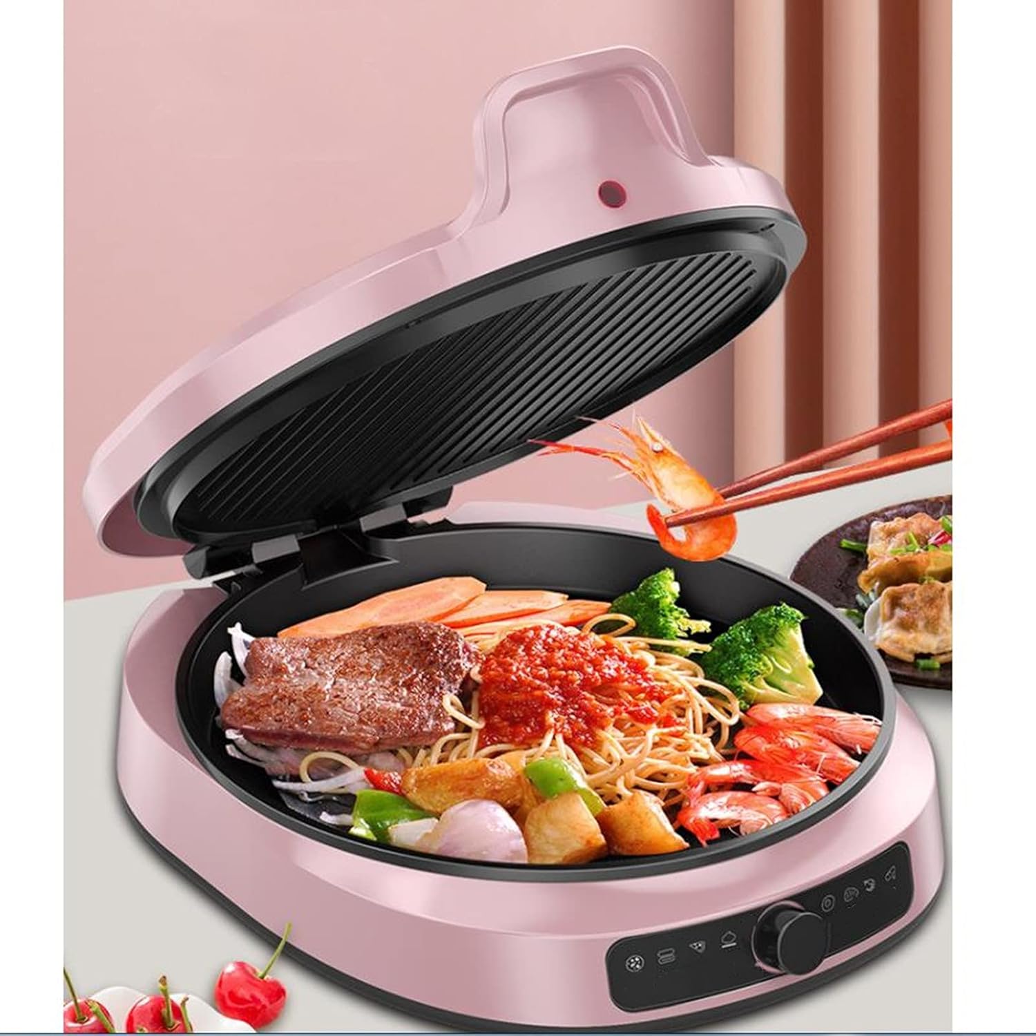 Electric Pancake Maker Double-Sided Heating Suspension Baking Tray 12in Non-Stick Hot Plate Adjustable Temperature for Making Steak Pizza Pasta Etc.