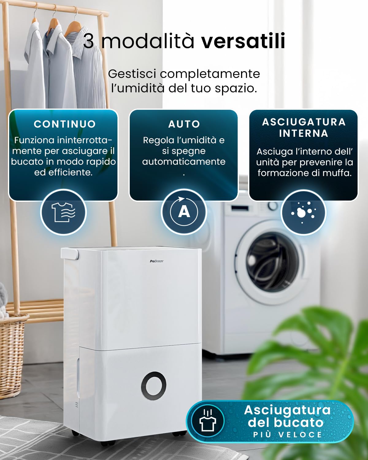 Pro Breeze Deumidificatore Casa Muffa 30L/giorno, display digitale dell'umidità, Drenaggio continuo, Timer 24 ore, Funzione di sbrinamento automatico - Ideale per umidità e condensa