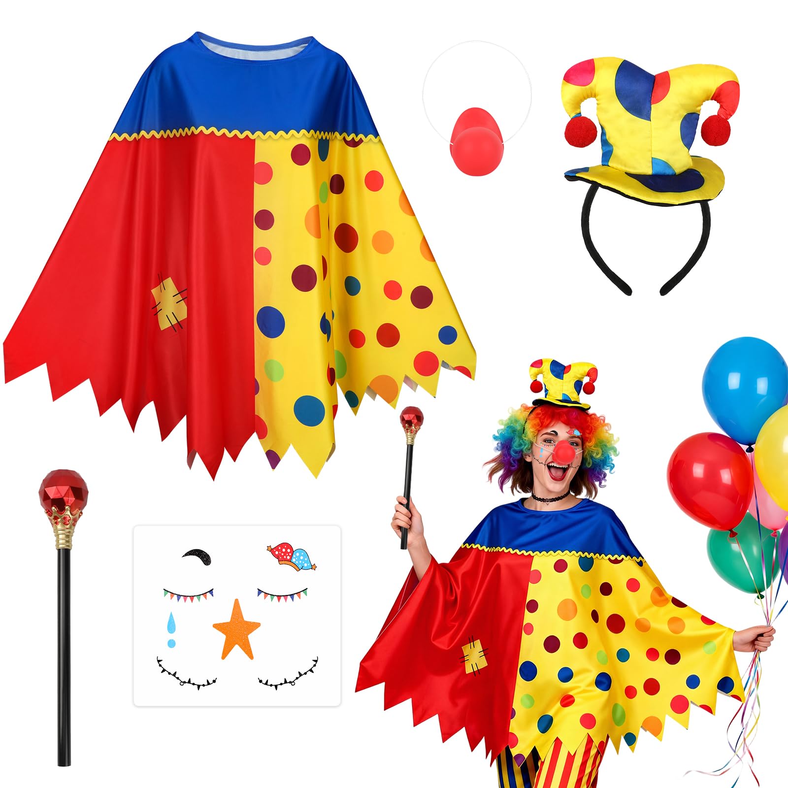 5 Piezas Disfraz Payaso Mujer Adulto, Disfraz Circo, Diadema con Sombrero de Payaso, Poncho, Bastón, Pegatinas para la Cara y Nariz que Suena para Fiesta de Halloween y Carnaval