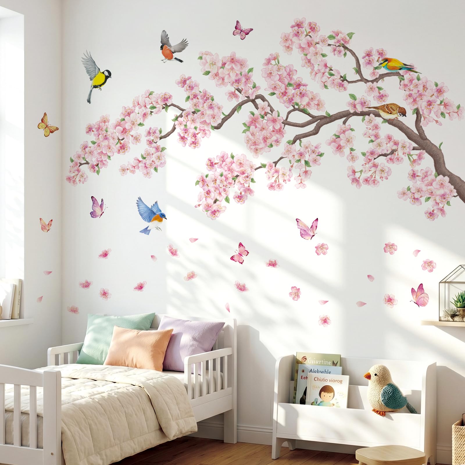DECOWALL SG2-2427 Naklejki ścienne różowe kwiaty i ptaki gałęzie wiśni do sypialni salon sofa TV tło dekoracja ścienna