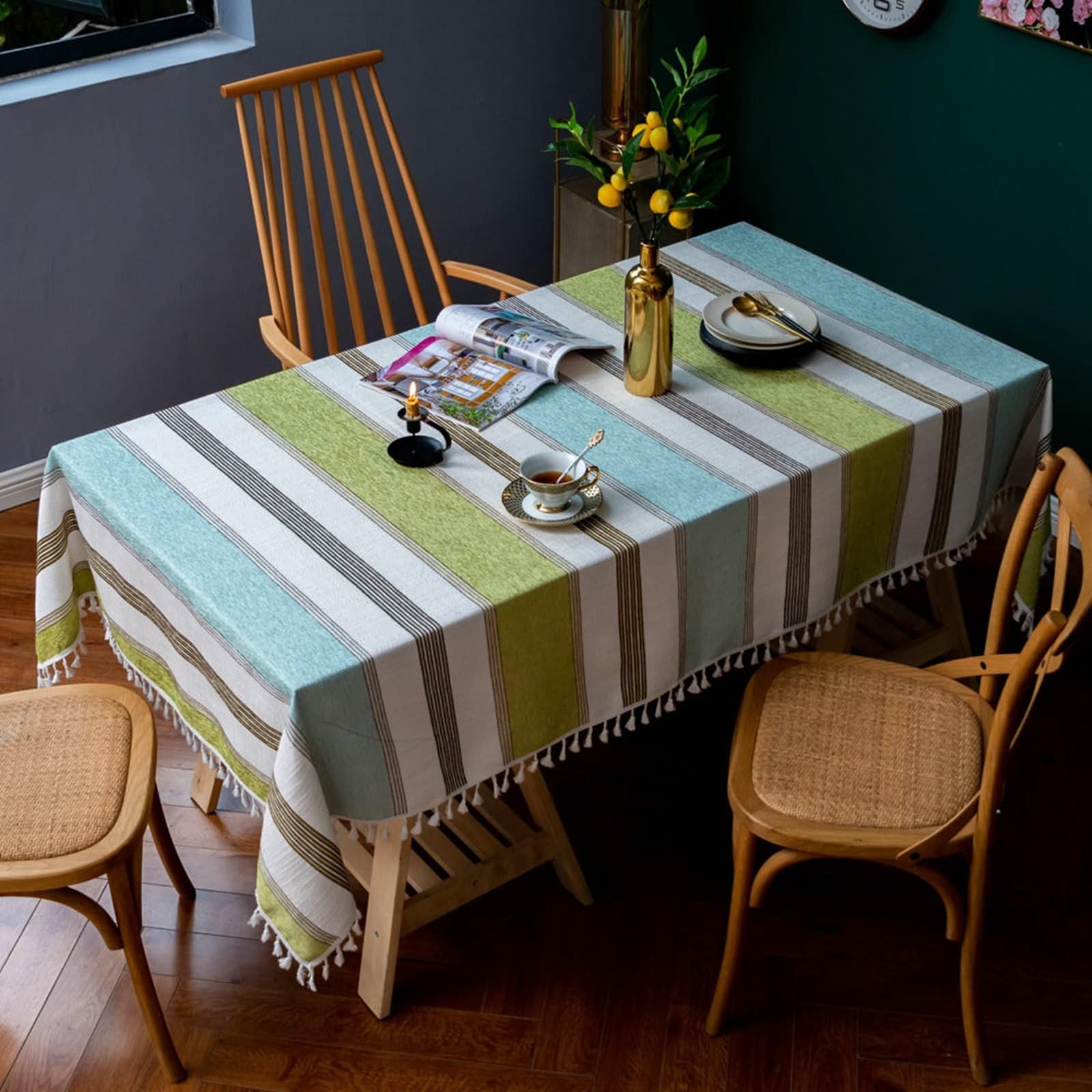 Tischdeko Elegant, Baumwolle Leinen Mehrfarbiges Streifenmuster Tischtuch für Küche, Picknick, Tischdekoration, Gelbgrün, 140 x 240 cm