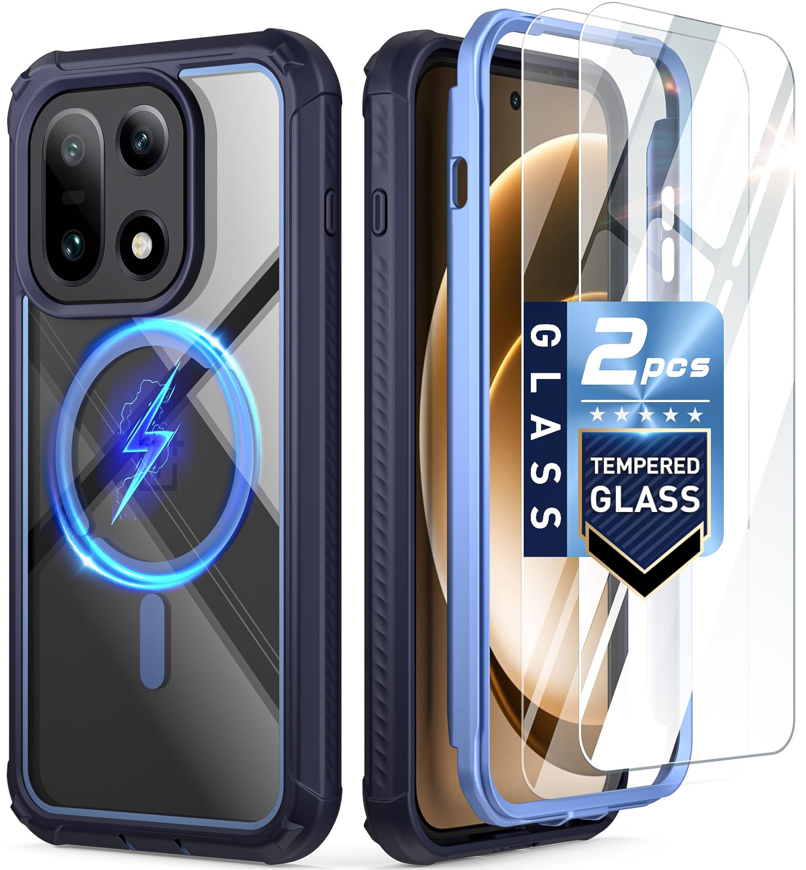 Poetic Guardian Case for OnePlus 15 5G, | Magsafe Compatible |2 Tempered Glass Screen Protector | Work with Fingerprint ID |, Full Body Shockproof Rugged Clear Cover Case，Blue/Clear