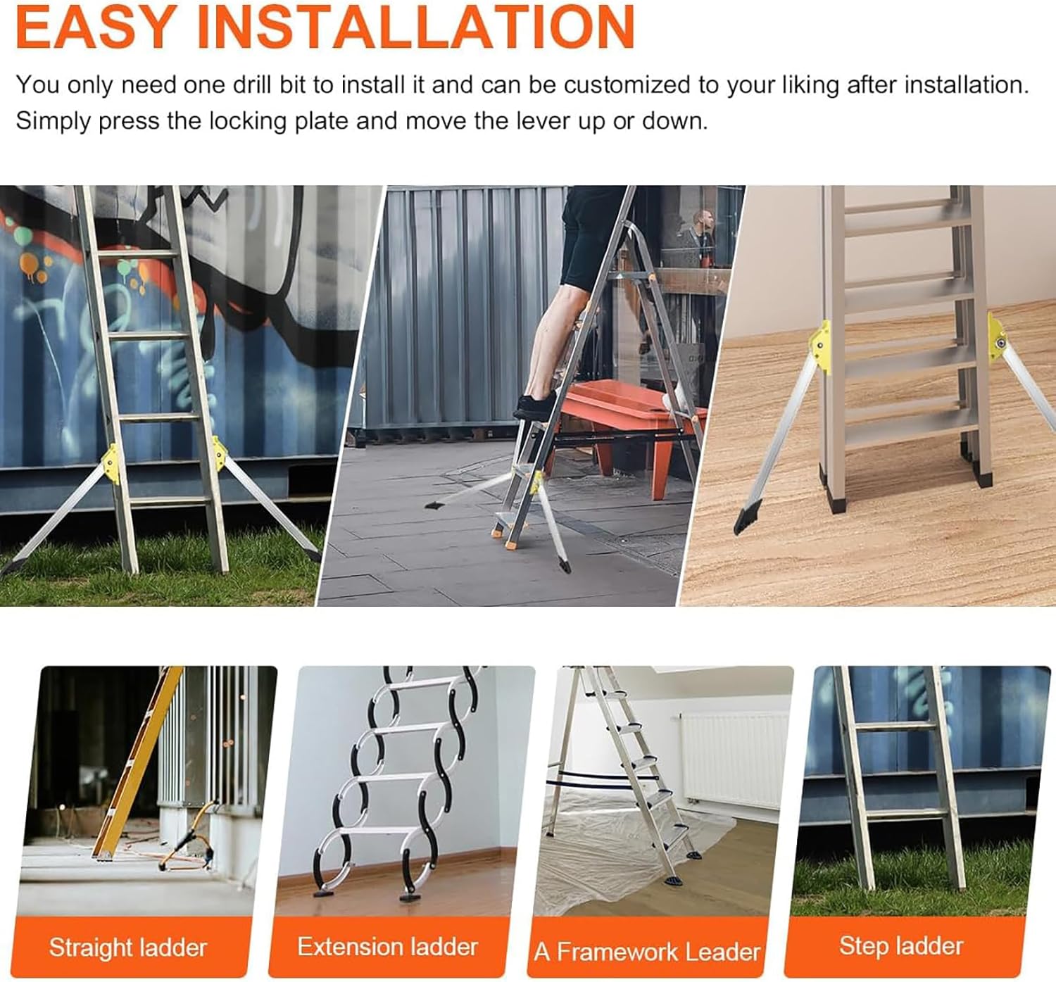 Ladder Support Legs, Ladder Auxiliary Stabilizer, Aluminum Alloy Material, 200kg Load-Bearing, Suitable for Straight Ladder, Telescopic Ladder, Herringbone Ladder,63cm