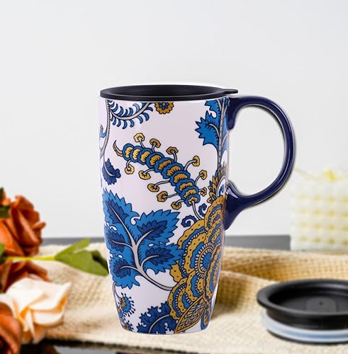 Vista 6 de DUSVALLY Taza de café de cerámica para el hogar y la oficina, 17 oz. Tapa deslizante resistente a salpicaduras y asa, apta para lavavajillas