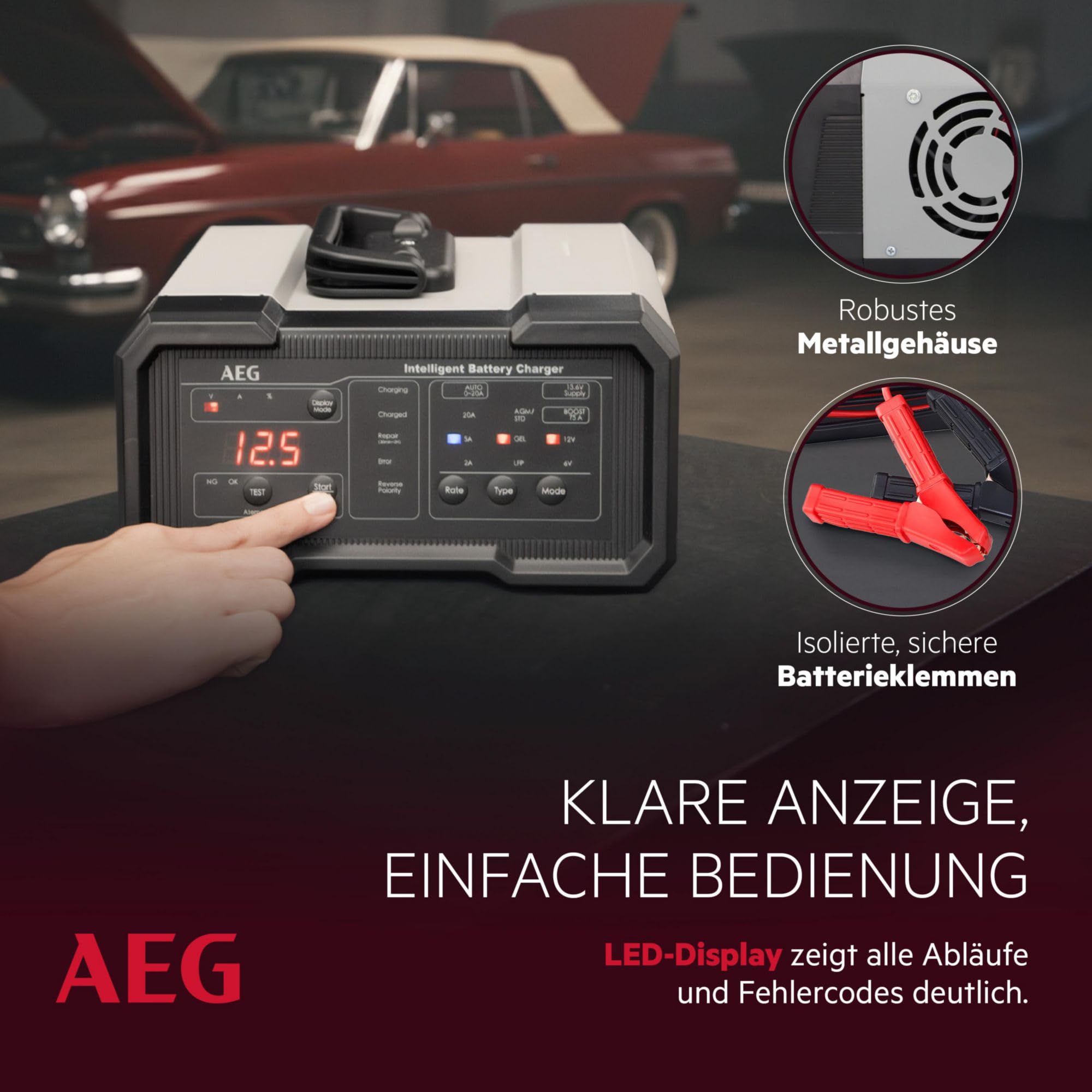 AEG Batterieladegerät CW20, für 6/12 V Batterien, 20A, automatische Ladefunktion, umfangreicher Sicherungsschutz, Erhaltungsfunktion, Ladestatusanzeige in Prozent, LED-Display