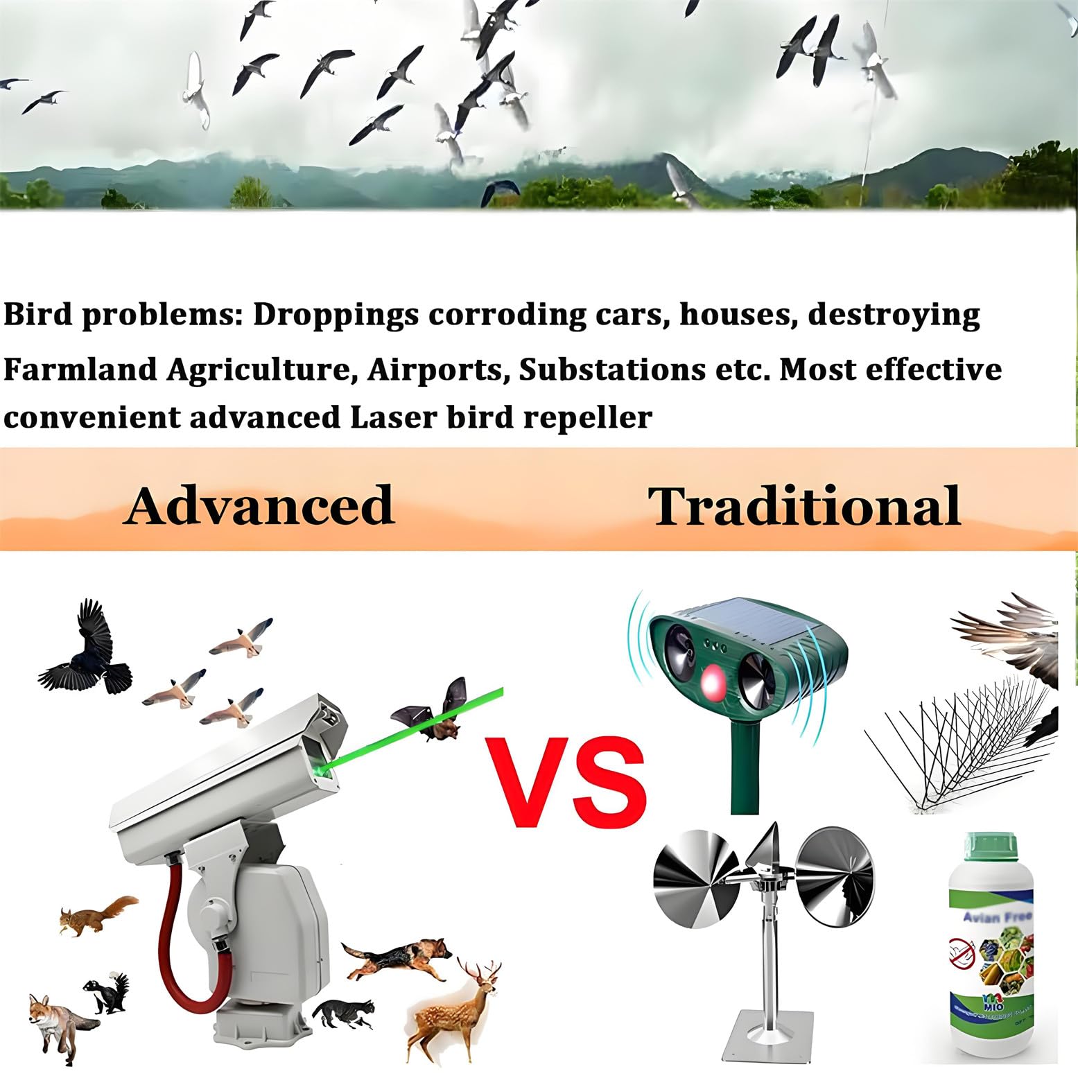 Ahuyentador automático de aves profesional, con rotación de 360°, control por aplicación, función de crucero y seguimiento, ideal para aeropuertos, granjas, huertos y parques solares. Starrysky