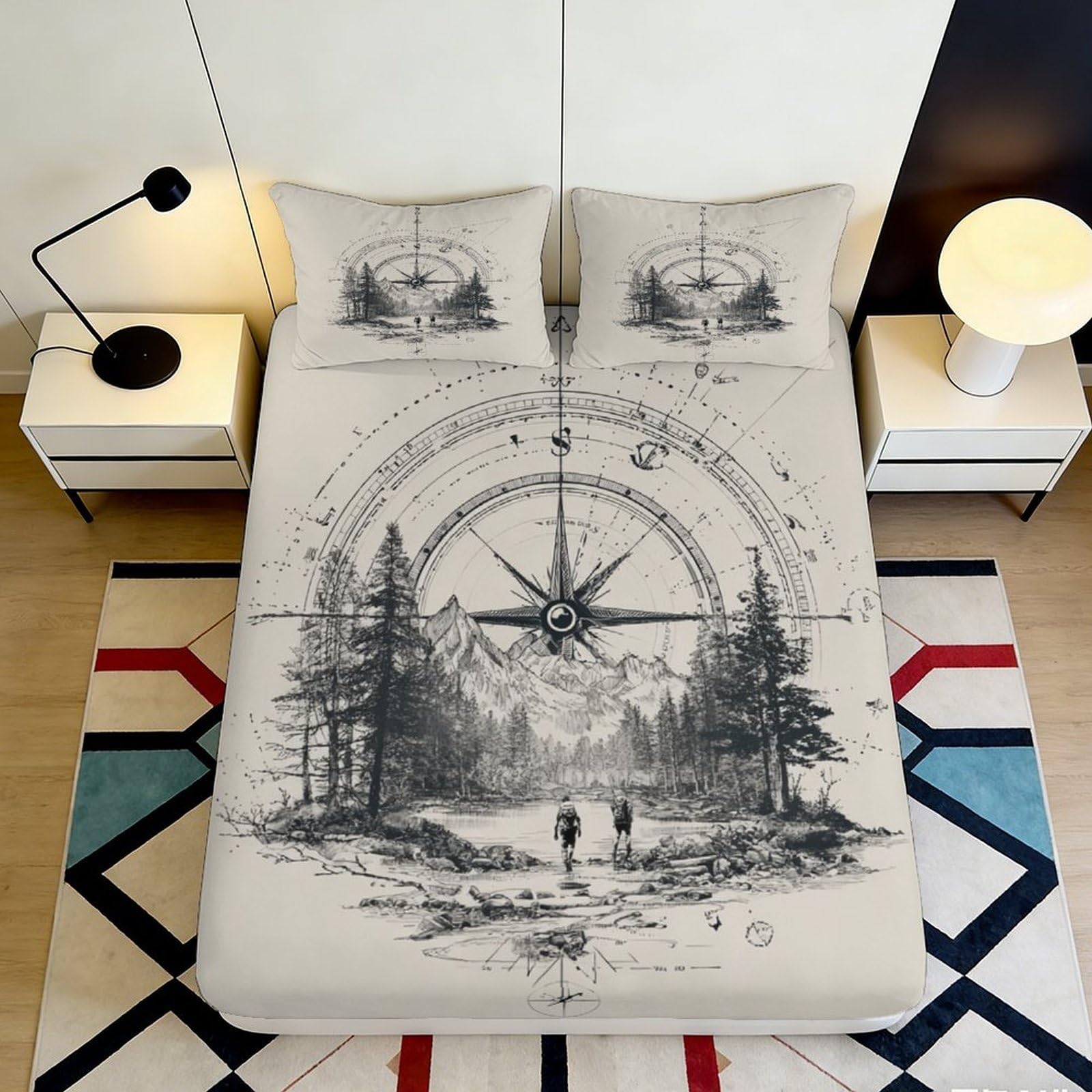 3D Printed Forest Compass Fitted Sheet Microfiber Soft Decorative Mountain Landscape Mattress Cover for Bedroom Guest Room 90x200x25cm