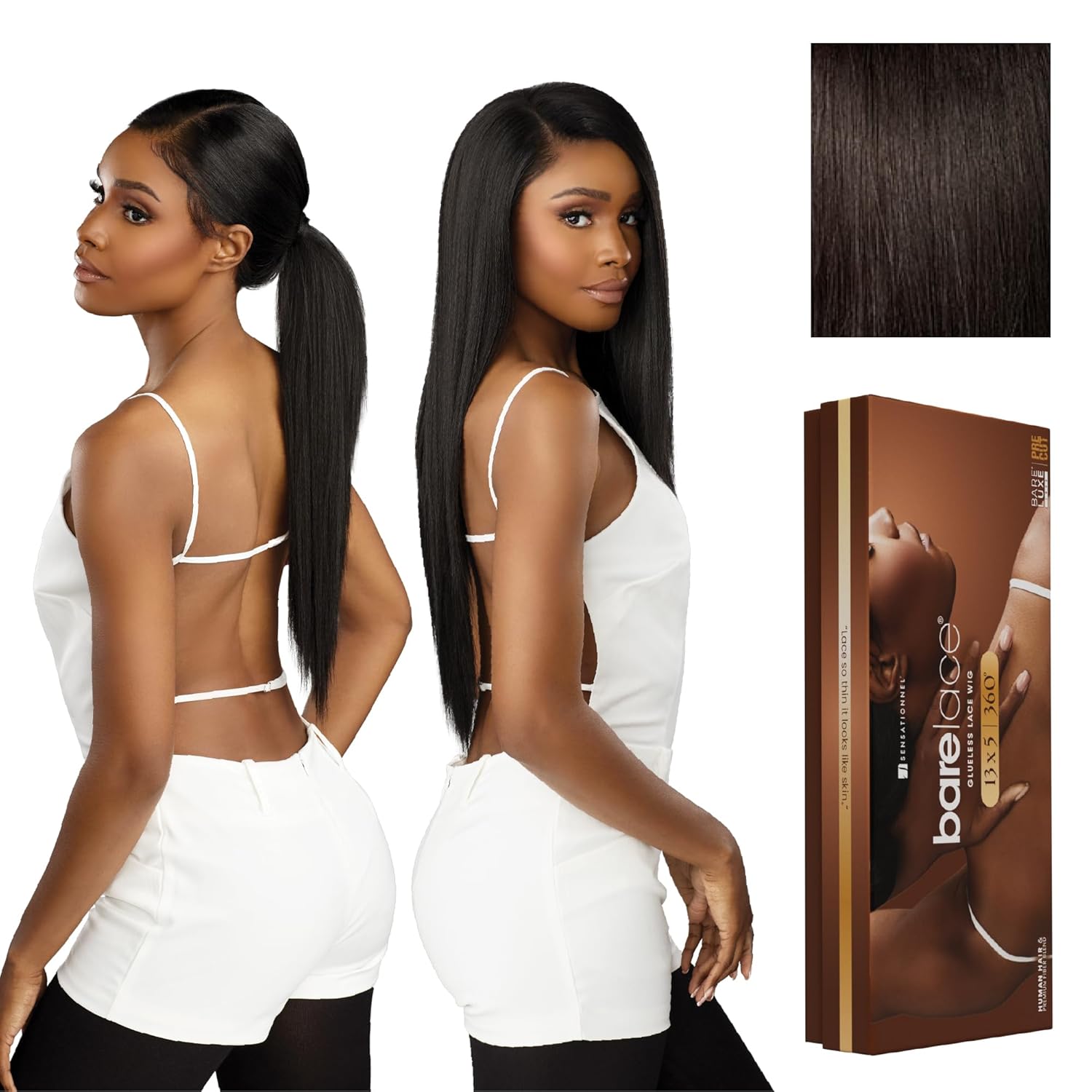 Sensationnel Barelace 13X5 360 Lace Wig - Unit 1 Glueless Human Hair Blend Ear-to-Ear Deep Parting Pre Cut Hairline (2 DARKBROWN)