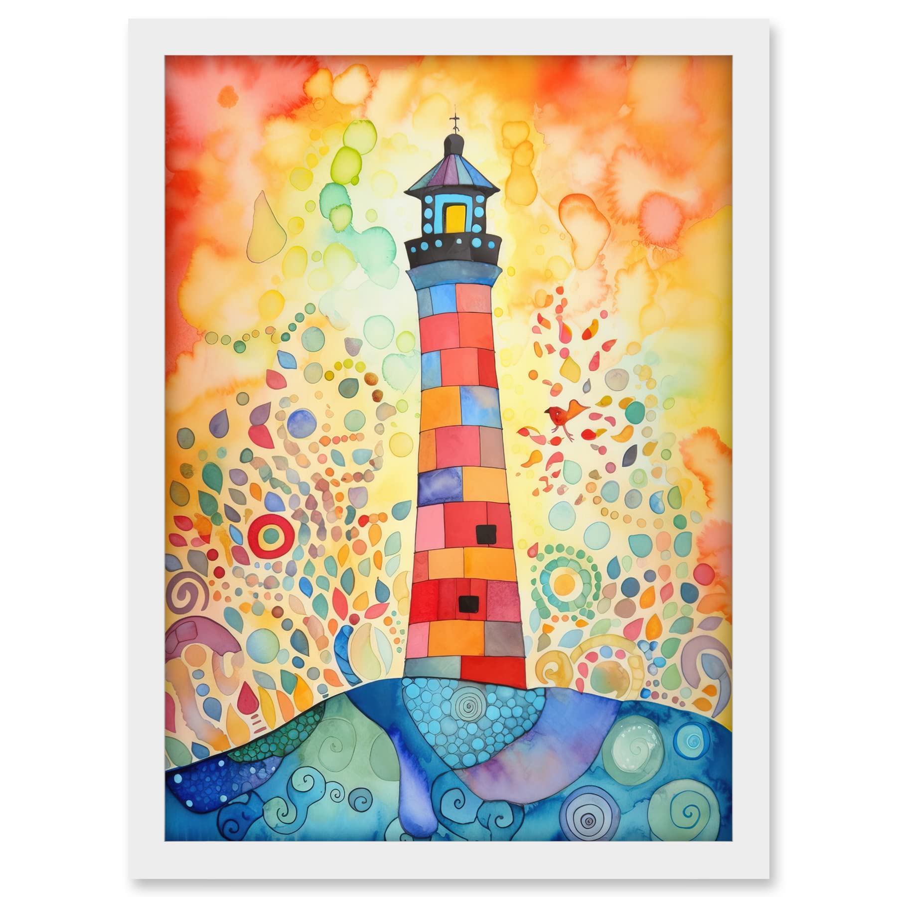 Artery8 Lighthouse At Sunset Dreamy Folk Art Watercolour Painting Artwork Framed A3 Wall Art Print