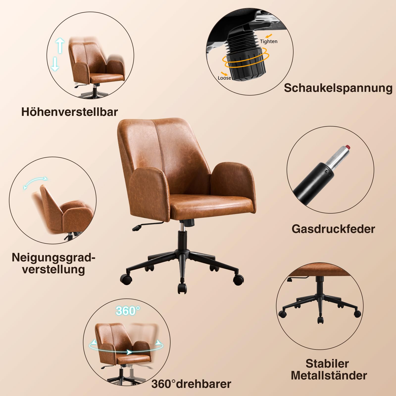 Bürostuhl Ergonomisch, PU Leder Homeoffice Stuhl, Drehstuhl, Schreibtischstuhl Computerstuhl mit Gepolsterter Armlehnen und Höhenverstellbar, Neigefunktion für Büro Schlafzimmer, Braun