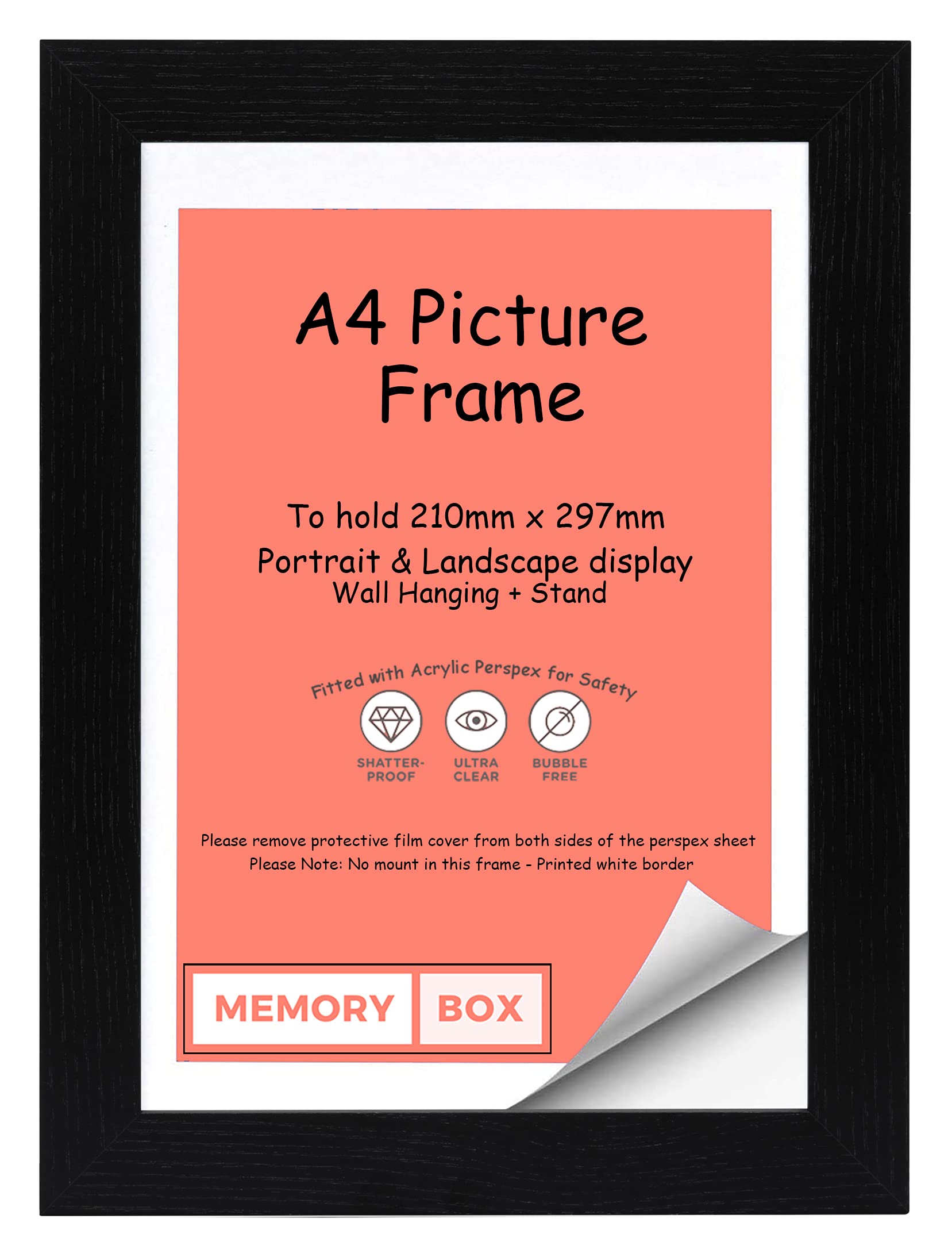 Memory Box Wrapped MDF Picture/Photo/Poster frame with Perspex Sheet - Moulding 30mm Wide and 15mm Deep - (11.75" x 8.25") (21.0 x 29.7cm) Black A4