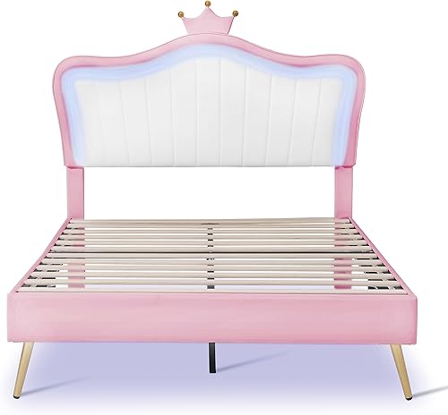 Miniatura 5 de Bonita cama de princesa tapizada de tamaño matrimonial con cabecera corona, marco de cama tapizado moderno con luces LED, no requiere somier (blanco
