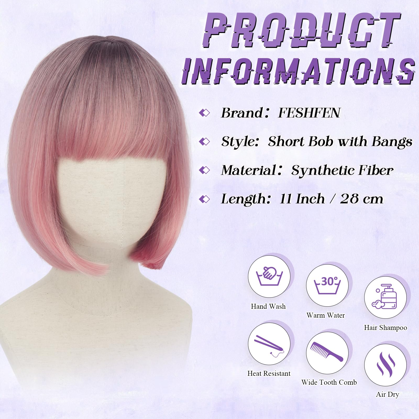 FESHFEN Rose Ombré Bob Perruque avec Franges, 30 cm Droites Courte Coloré Perruques de Cheveux Synthétiques Cosplay Utilisation Quotidienne De La Fête pour Femmes Carnaval Straight Bob Wig With Frange