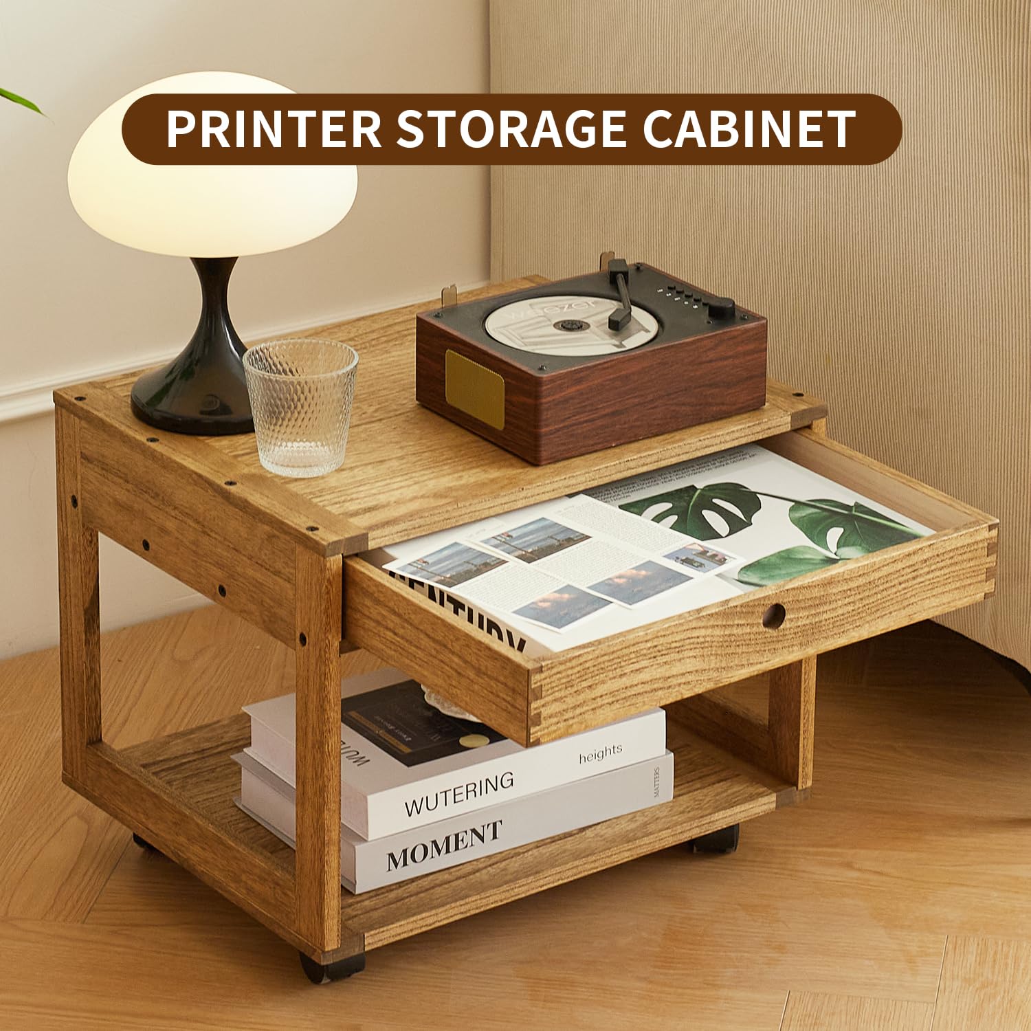 KIRIGRN Estantería Para Impresora De Madera De Paulownia Con Ruedas, Base De Impresora Con Cajón Y Compartimento, Soporte Móvil Con Espacio De Almacenamiento