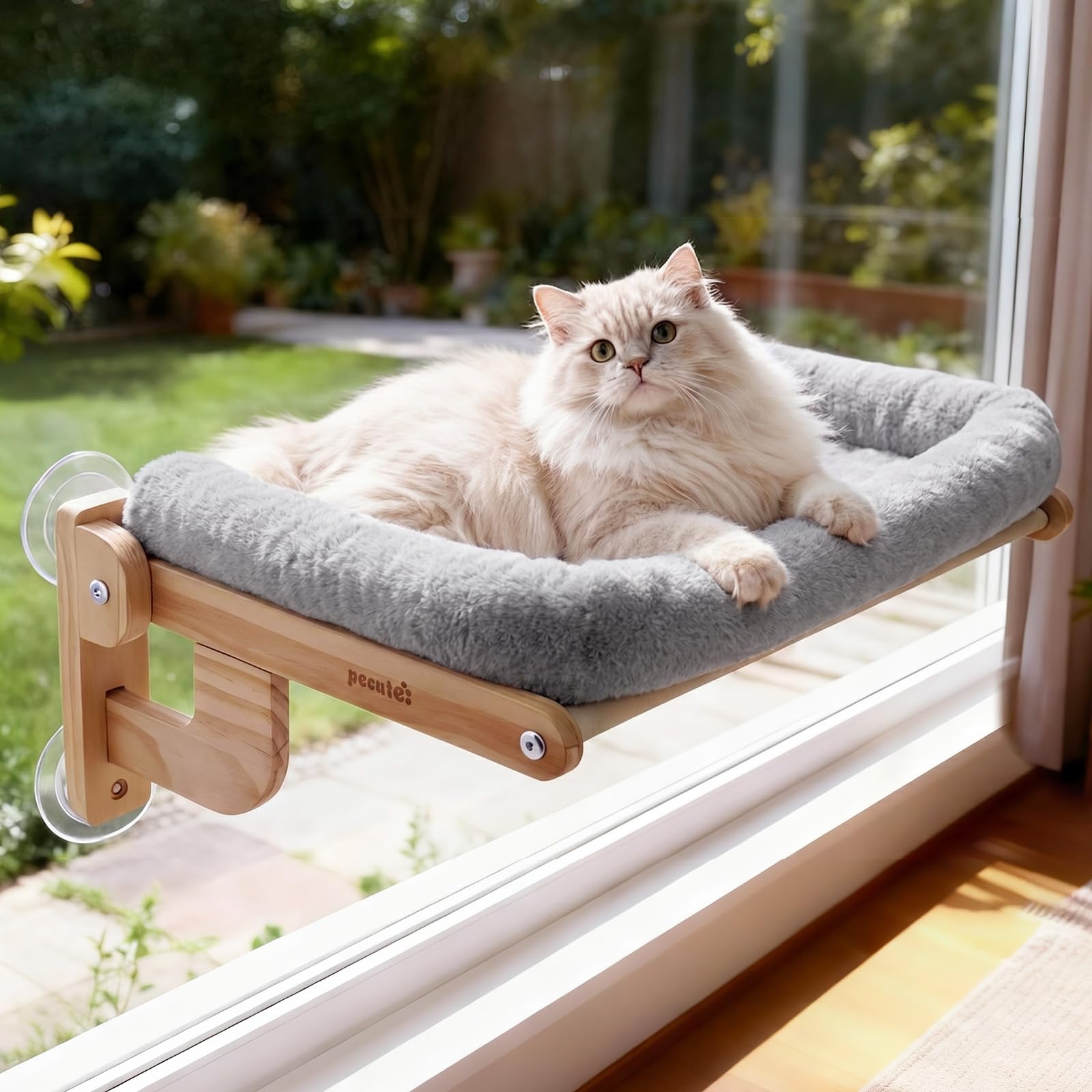 Pecute Foldable Cat Window Perch, Cloud-Soft Cat Bed with Solid Wood Frame, Strong Suction Cup, Washable Cushion, Stable Large Cats Hammock with Sided Bolster, Cats Perch Indoor for Sunbathing, Gray â image 1