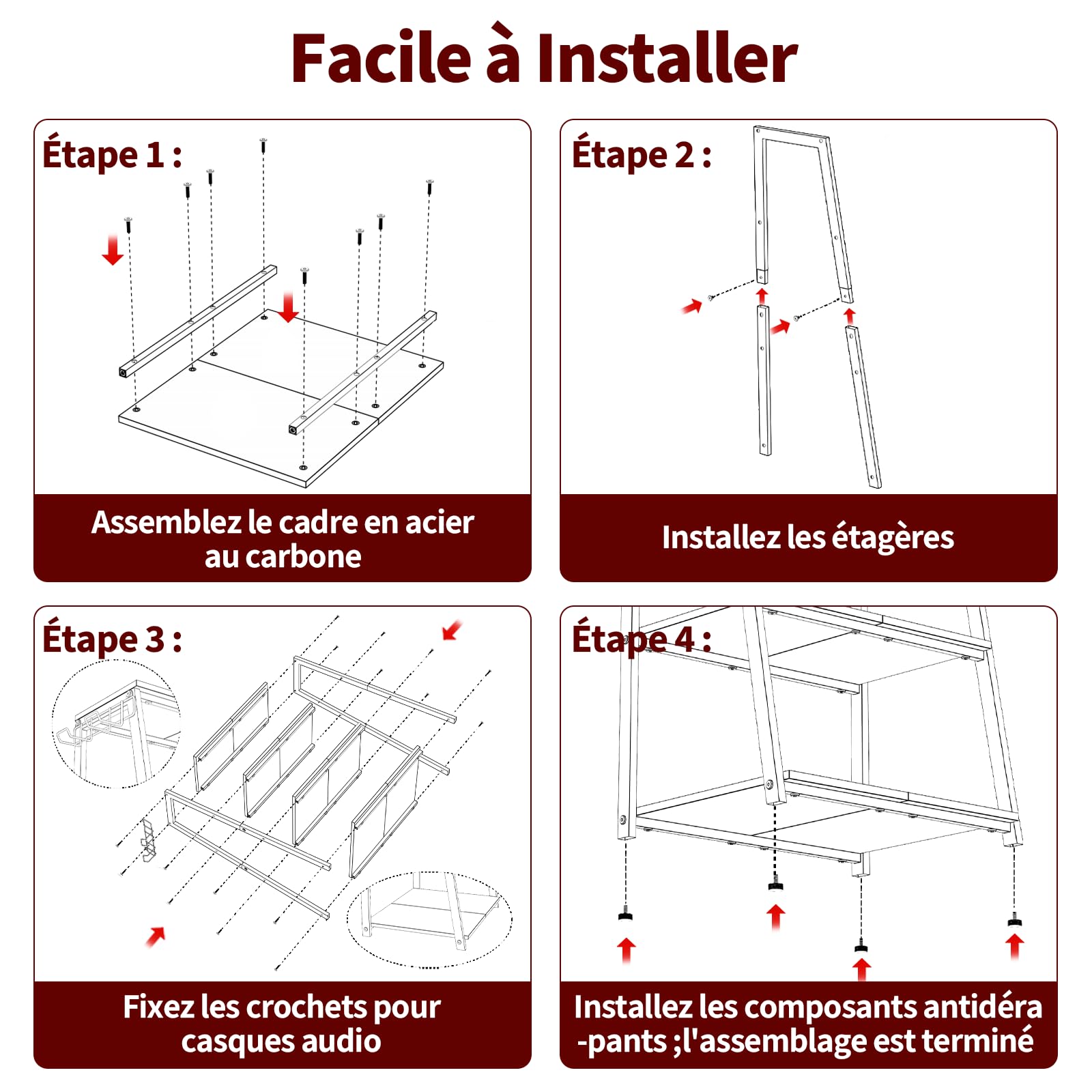bimiti Meuble HiFi Bois à 4 Etagères Support pour Platine Vinyle avec Crochet pour Casque Audio,Platine Vinyle,Tourne Disque,TV Stéréo,Lecteur DVD Étagère Multimédia en Bois pour la Maison, Bureau