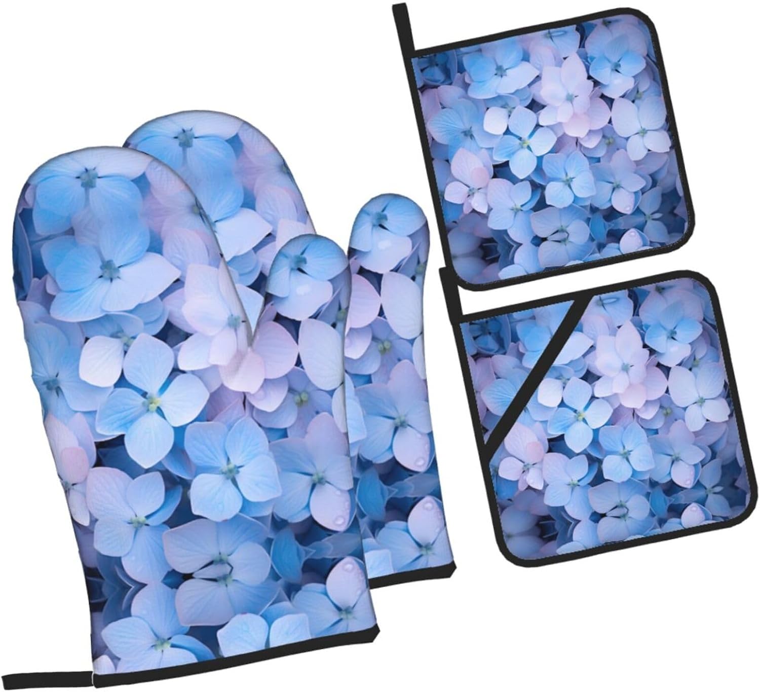 Hydrangea Printed Oven Mitts + Potholders 4-Piece Set - Great for BBQ Party Cooking
