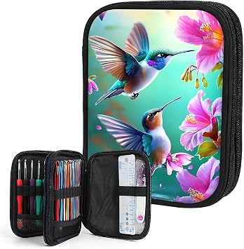 Crochet Hook Case Organizer,Zipper Storage Bag with Elastic Slots & Mesh Pockets for Crochet Hooks & Knitting Accessories,Lightweight,Easy to Carry,Blue Hummingbird