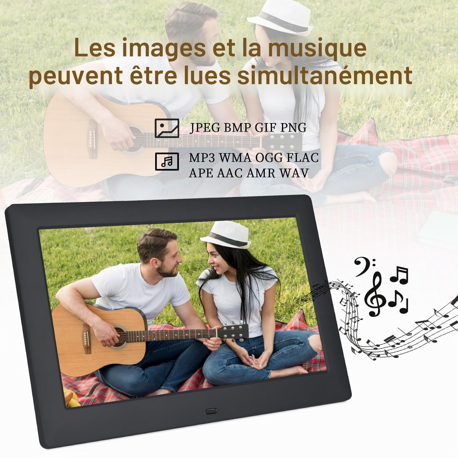 TSITSC Cadre photo numérique de 10,5 pouces, écran IPS 1280 x 720, calendrier, fonction horloge, musique, photo, lecteur vidéo avec télécommande, prend en charge les cartes USB/SD (noir)