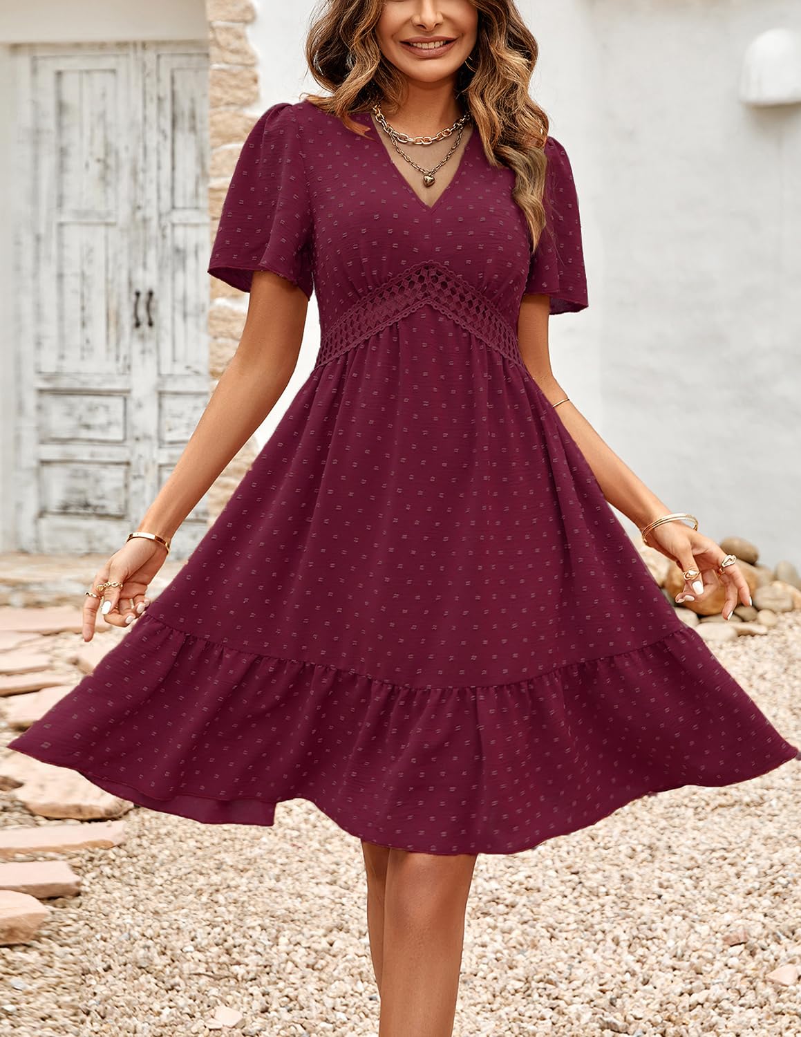Donna Vestiti Scollo a V Elegante Manica Corta/Lunga Vita Alta Puntini Ruffles Mini Abiti