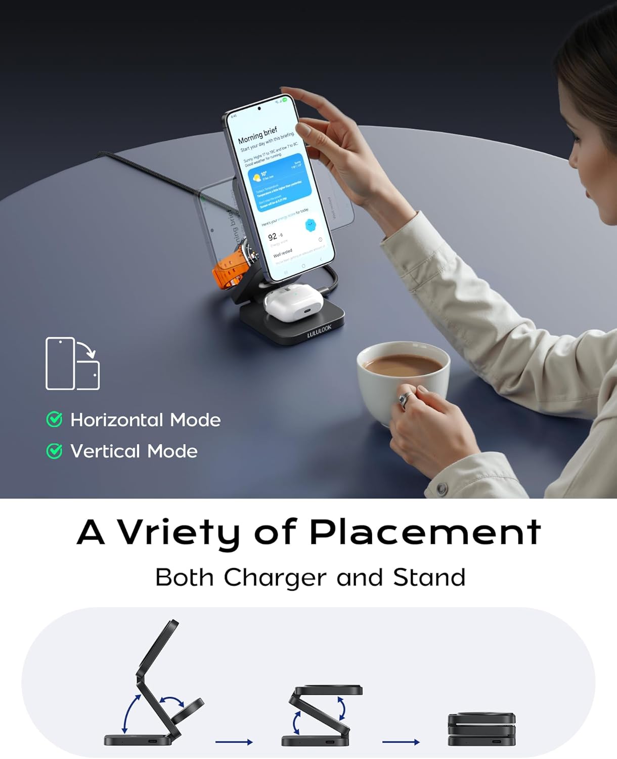 LULULOOK Qi2 Foldable 3 in 1 Wireless Charging Station for Samsung Phone and Watch and Buds, Travel Magnetic Charger Stand for Samsung Galaxy S26/S25/S24/S23/Z Flip/Fold-for Galaxy Watch 8/Ultra/Buds