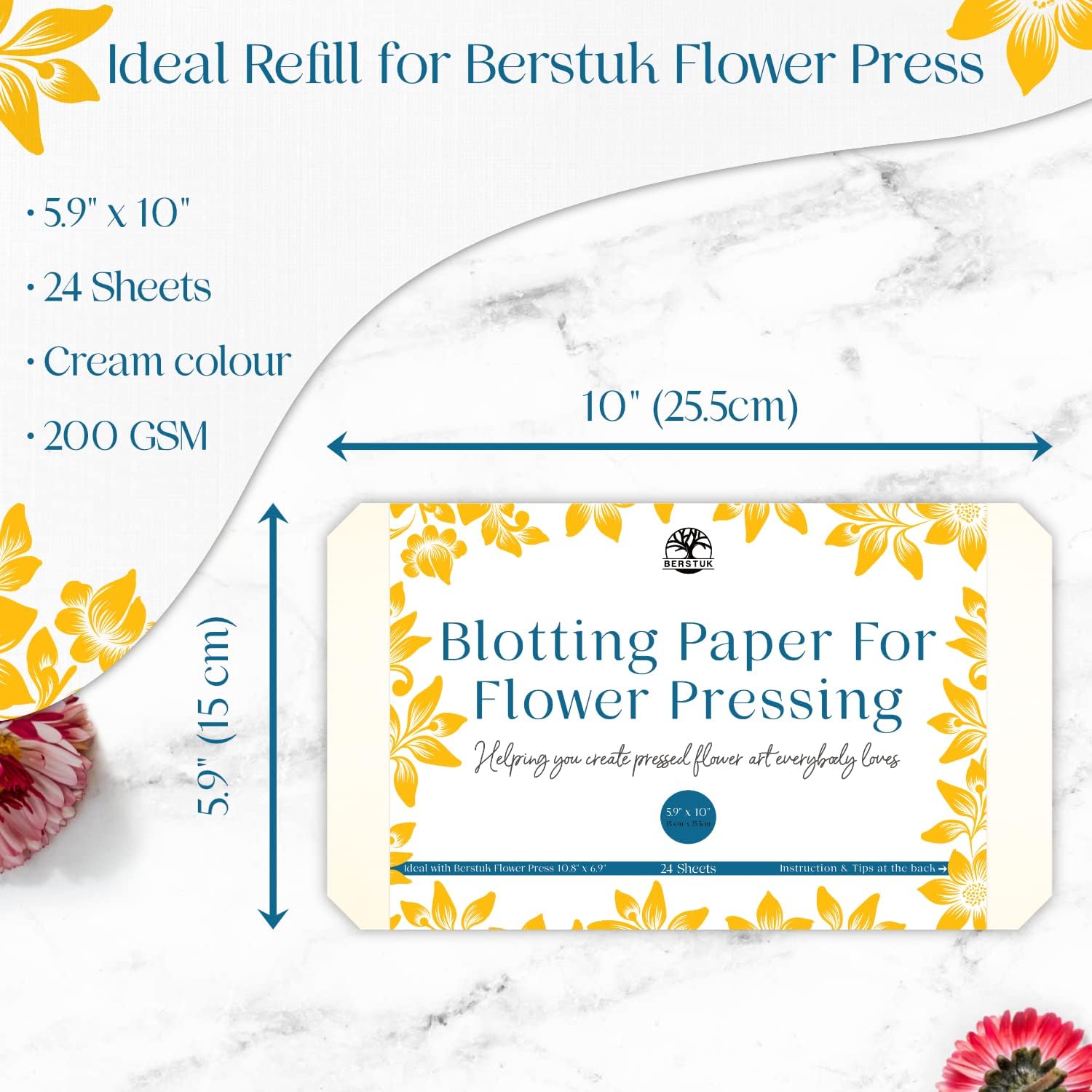 Blotting Paper for Flower Press by Berstuk® • Flower Press Refill 5.9 inch x 10 inch • Cut-to-Size and Ready to Use • Pack of 24 Blotting Paper Sheets